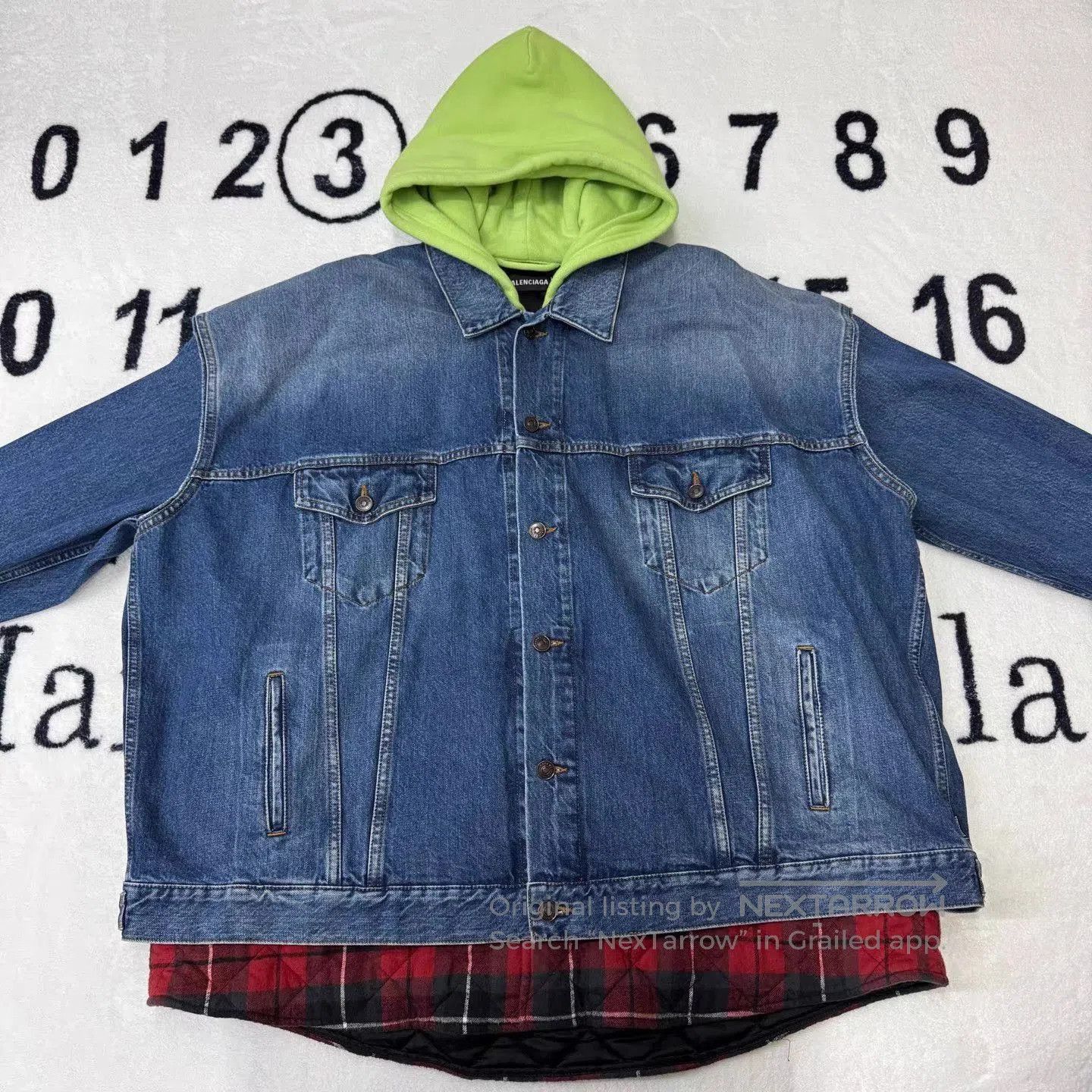 Balenciaga Blue Denim Jacket with Green Hood and Plaid Lining. Size US XL / EU 56 / 4 - 1 Thumbnail