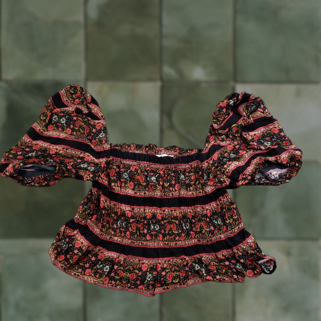 Vintage Ranna Gill Shirt Womens Small Black Floral Smocked Peplum Puff Sleeve Bohemian Size S / US 4 / IT 40 - 1 Thumbnail