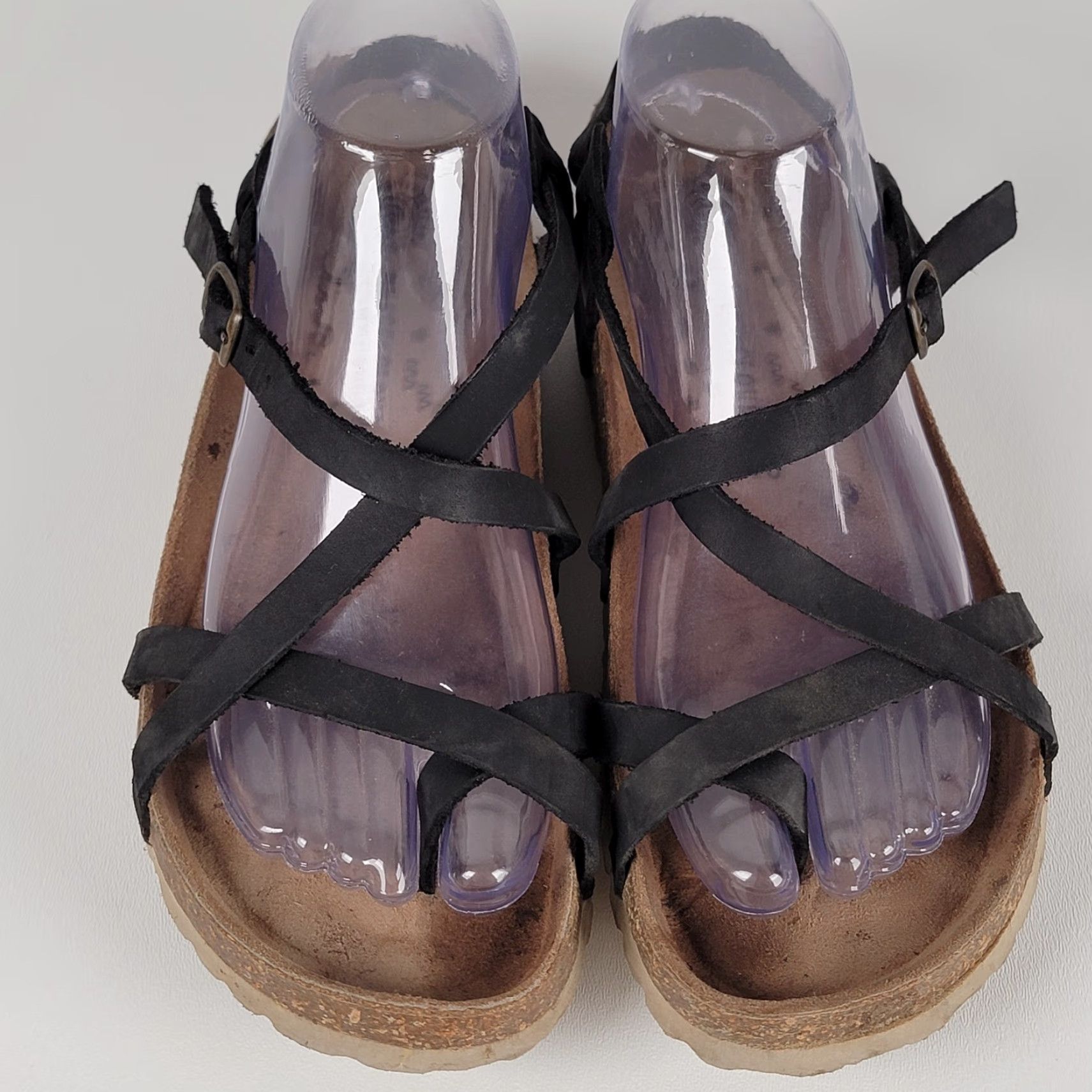 Vintage Musse & Cloud Zucebra Leather Sandals Women 9 Black Flat Strappy Buckle Cork Insole Size US 9 / IT 39 - 2 Thumbnail