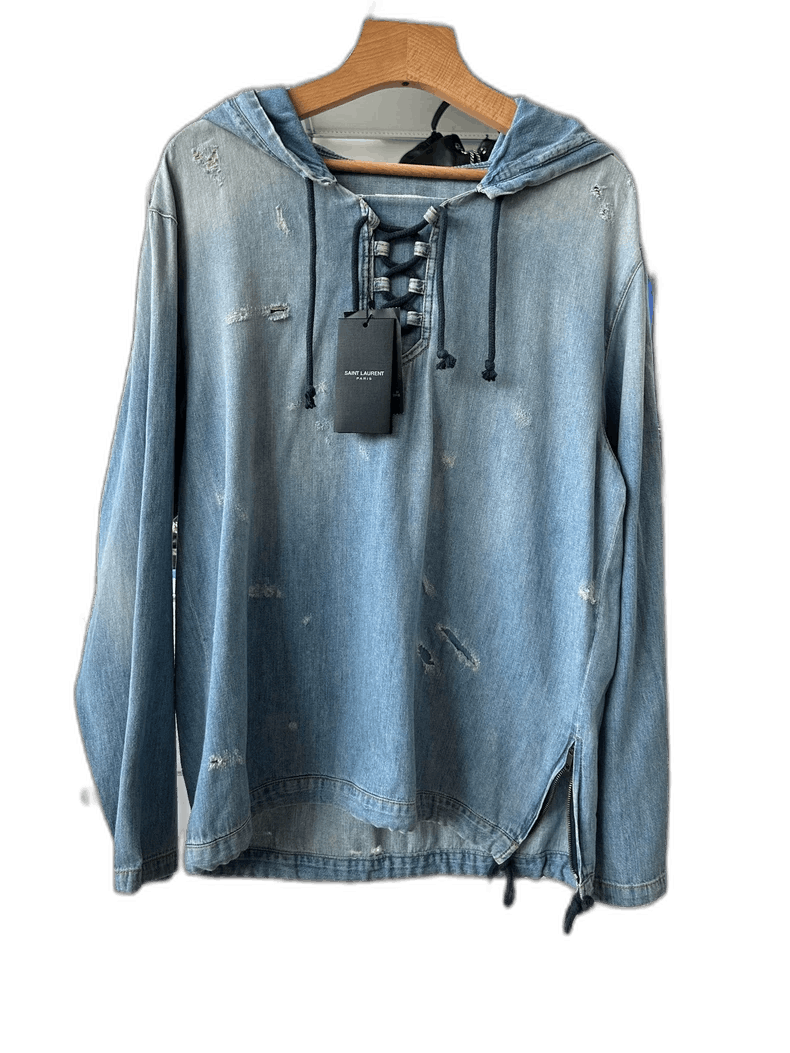 Saint Laurent Paris Saint Laurent Hooded Cotton Denim Shirt-yf Size US S / EU 44-46 / 1 - 1 Thumbnail