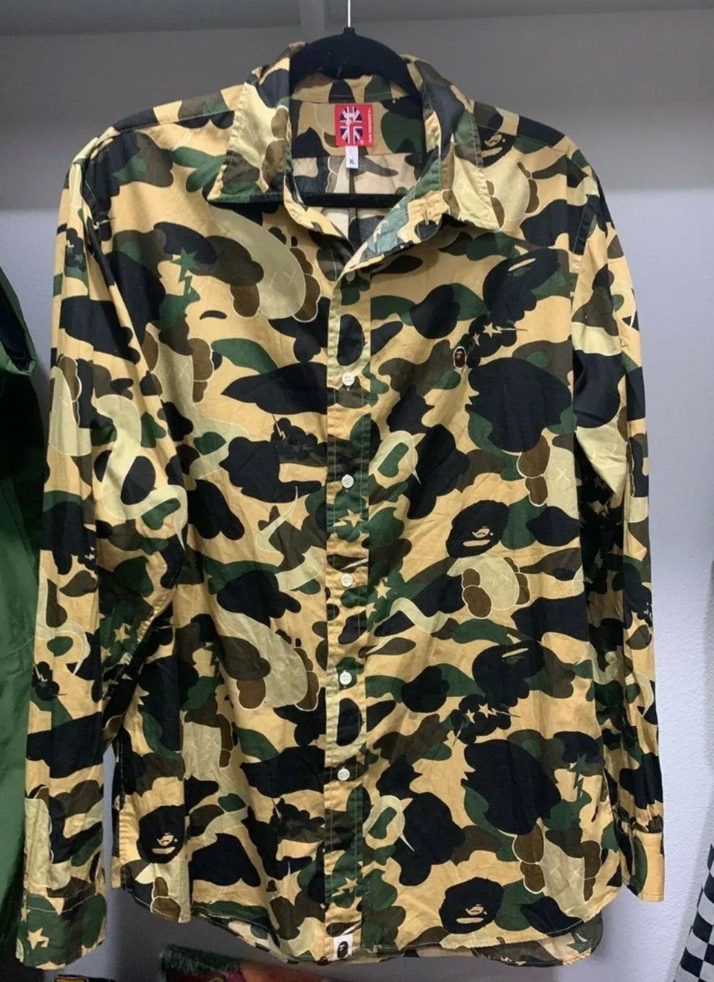 image of Bape x Kaws 1St Camo Button Up Shirt in Yellow, Men's (Size XL)