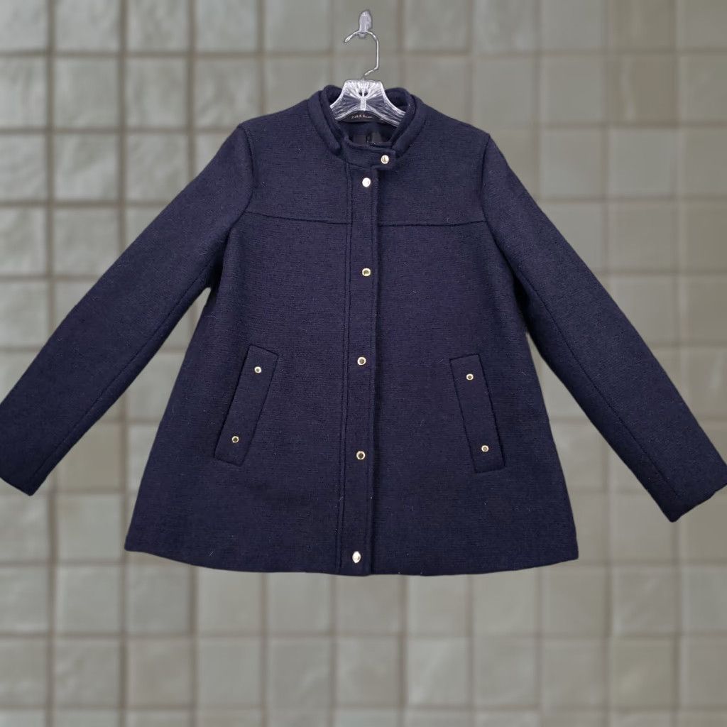 Zara Basic Jacket Womens M Medium Navy Blue Wool Blend Long Sleeve