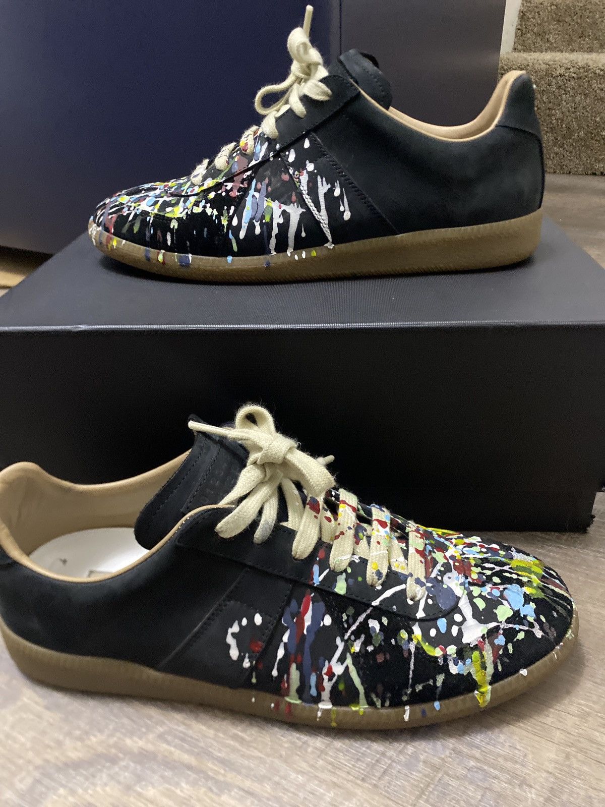 image of Maison Margiela Gats Paint Splatter Shoes in Black, Men's (Size 8)