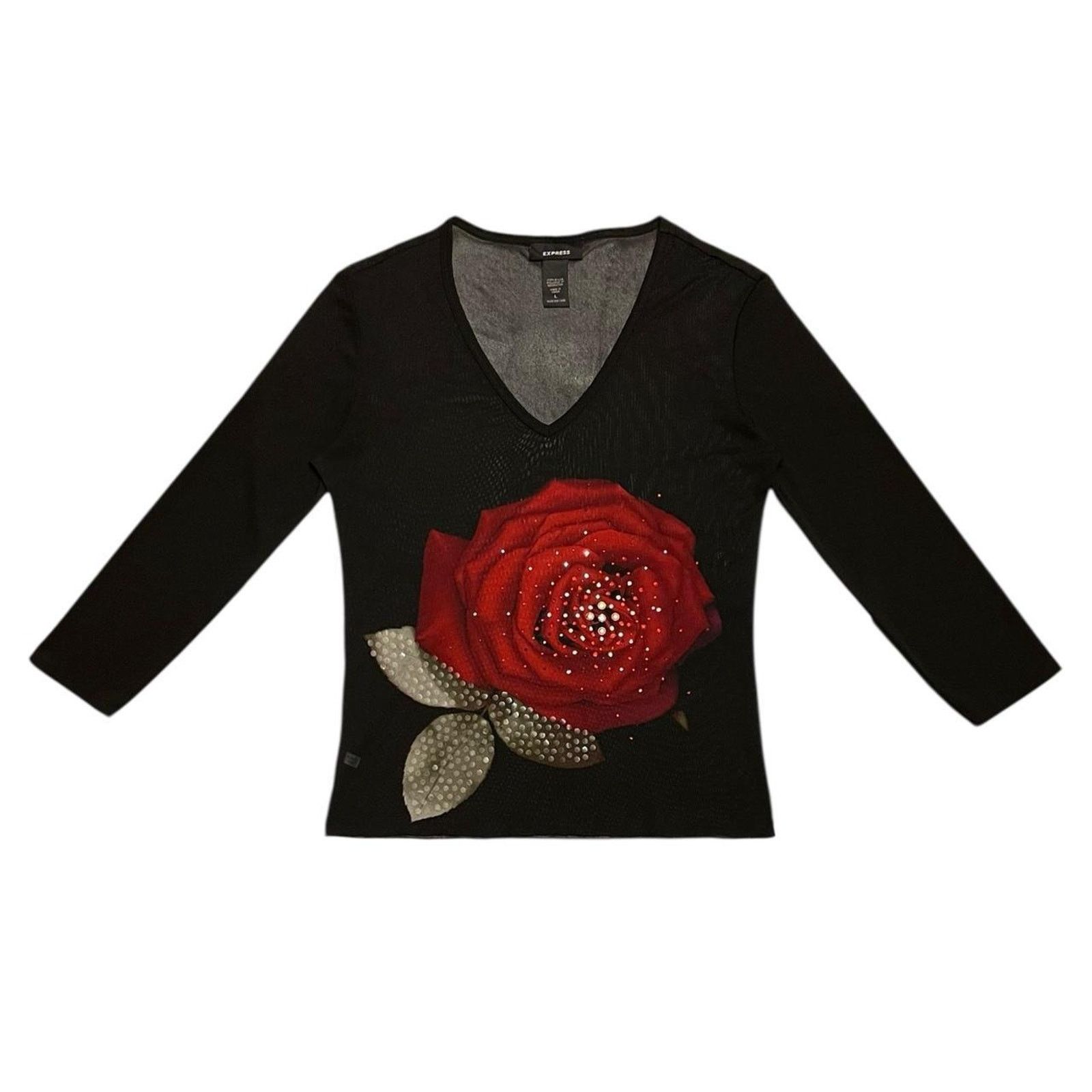 Express Vintage Y2K Express micro mesh rose 3/4 sleeve top Size L Size L / US 10 / IT 46 - 1 Thumbnail