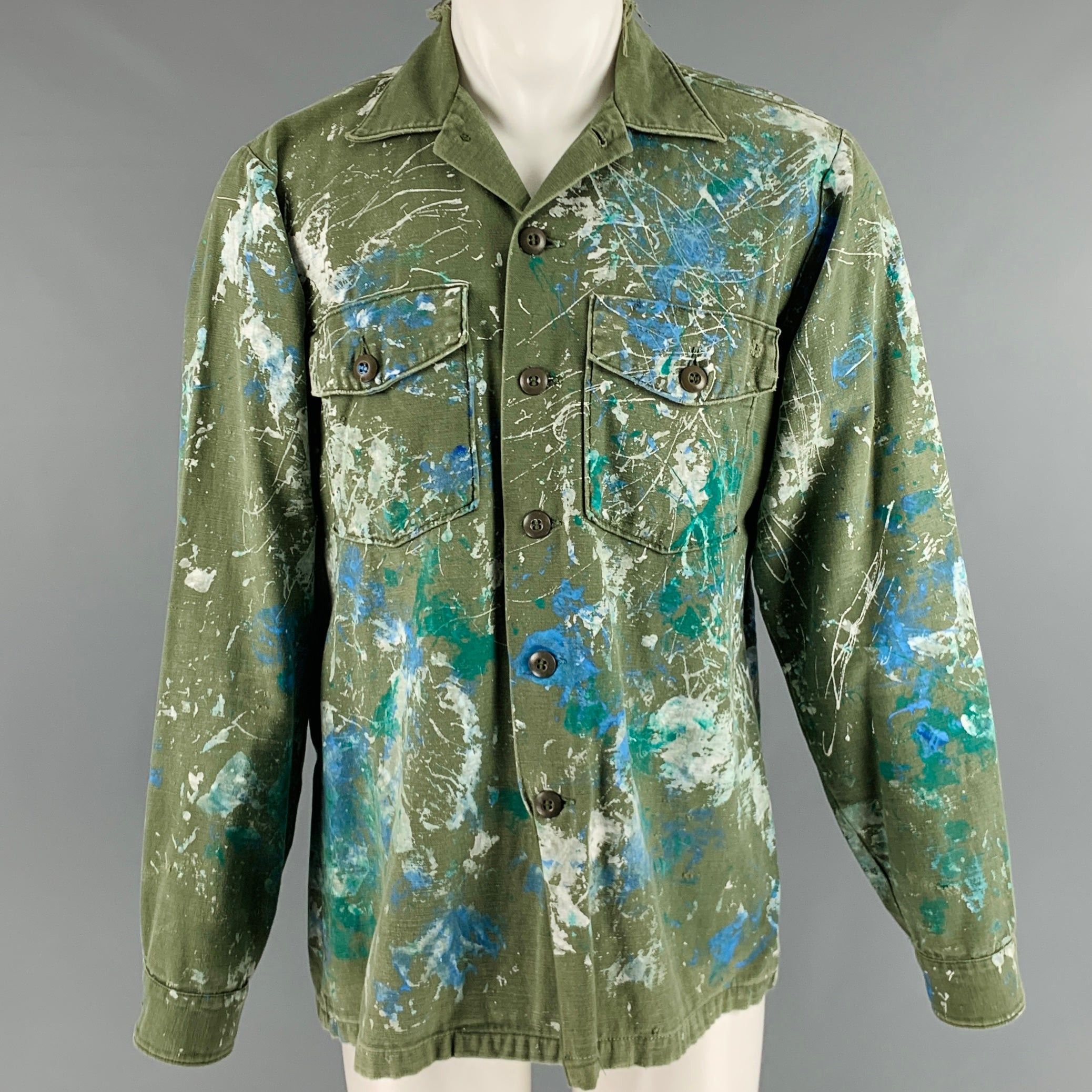 image of Vintage Green Blue White Splattered Cotton Military Long Sleeve Shirt in Olive, Men's (Size Small)