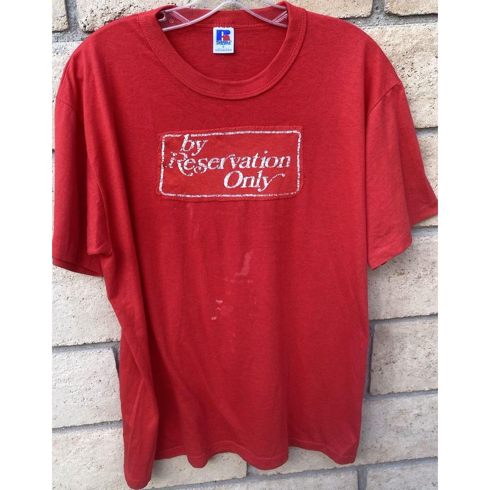 Vintage VINTAGE Russell Athletic By Reservation Only T Shirt Red L Mens 80s 90s Graphic Print Short Sleeve Crew Neck Size US L / EU 52-54 / 3 - 3 Thumbnail