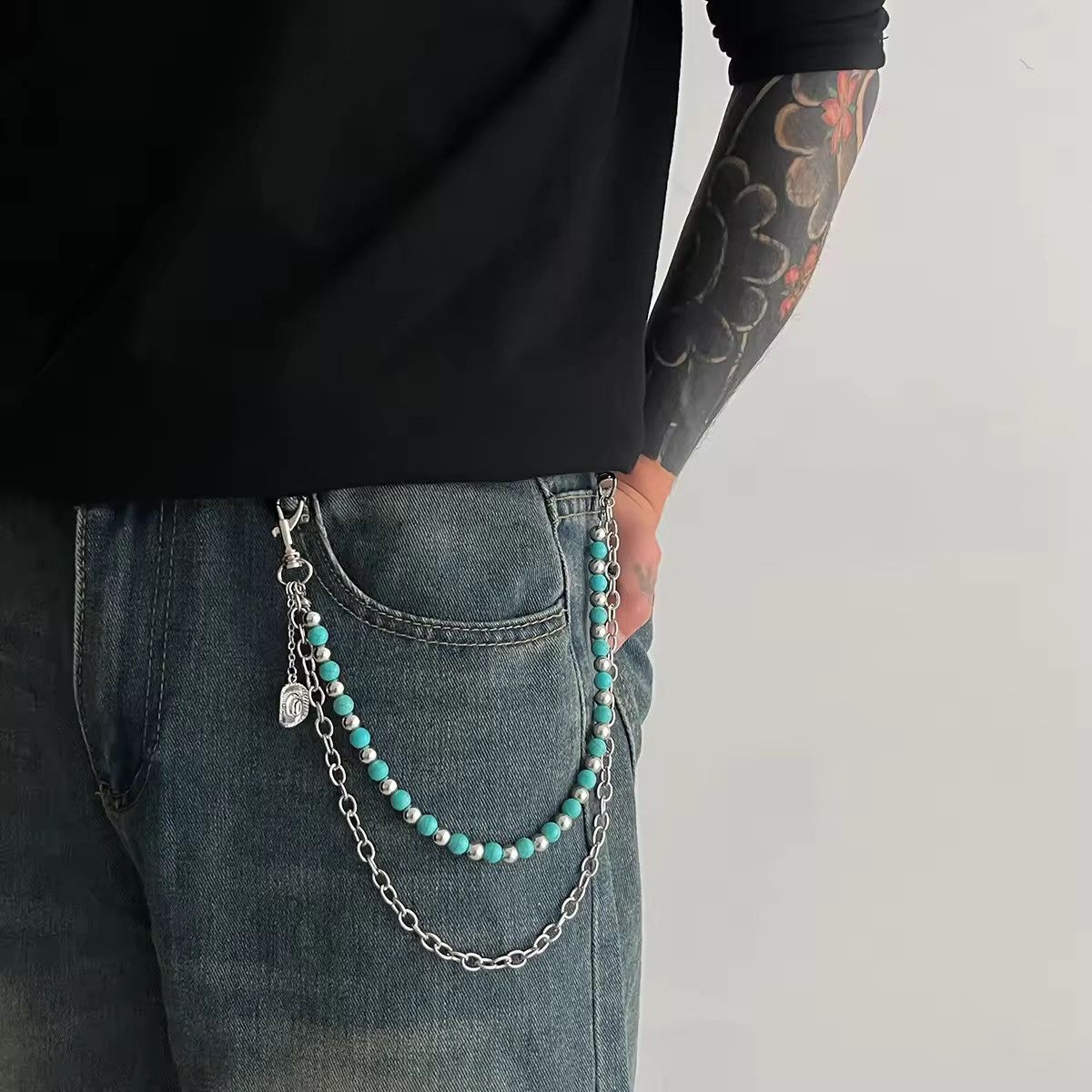Jewelry Beaded Chain Belt with Silver Accents - Turquoise & Silver | Size ONE SIZE - 4 Thumbnail