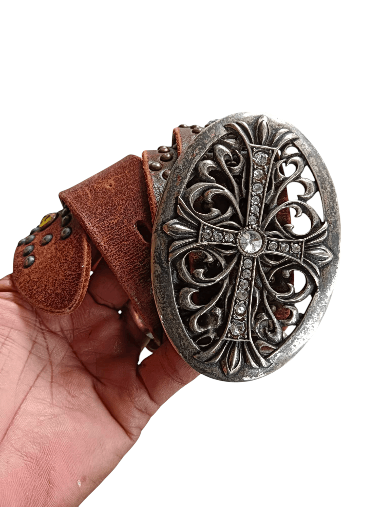 Japanese Brand Vtg Leather Belt studded Big Buckle Cross Rhinestone Brown Size ONE SIZE - 2 Thumbnail
