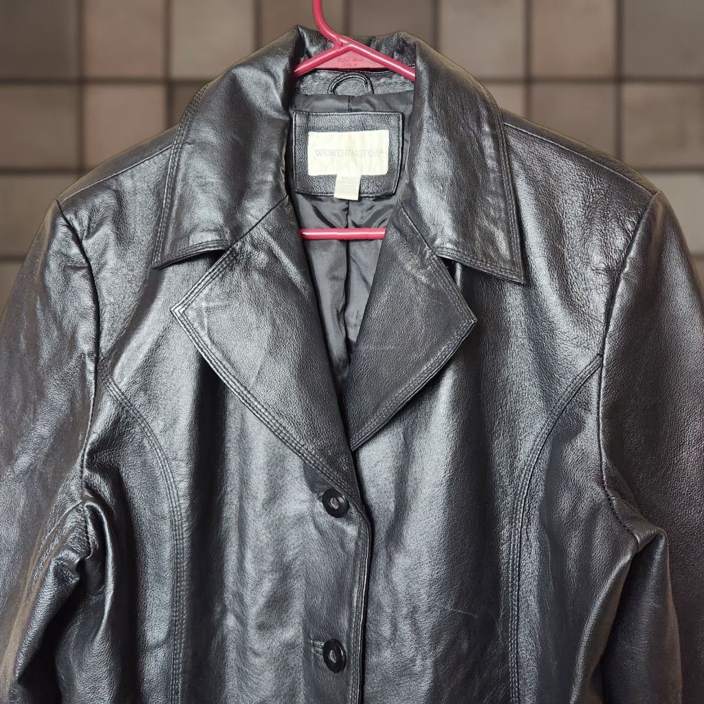 Worthington Worthington Womens Leather Notch Collar Buttonfront Jacket XL Black - Casual, Regular, Lined, Pockets, 2 Pockets, Fall Winter Spring Size XL / US 12-14 / IT 48-50 - 1 Thumbnail