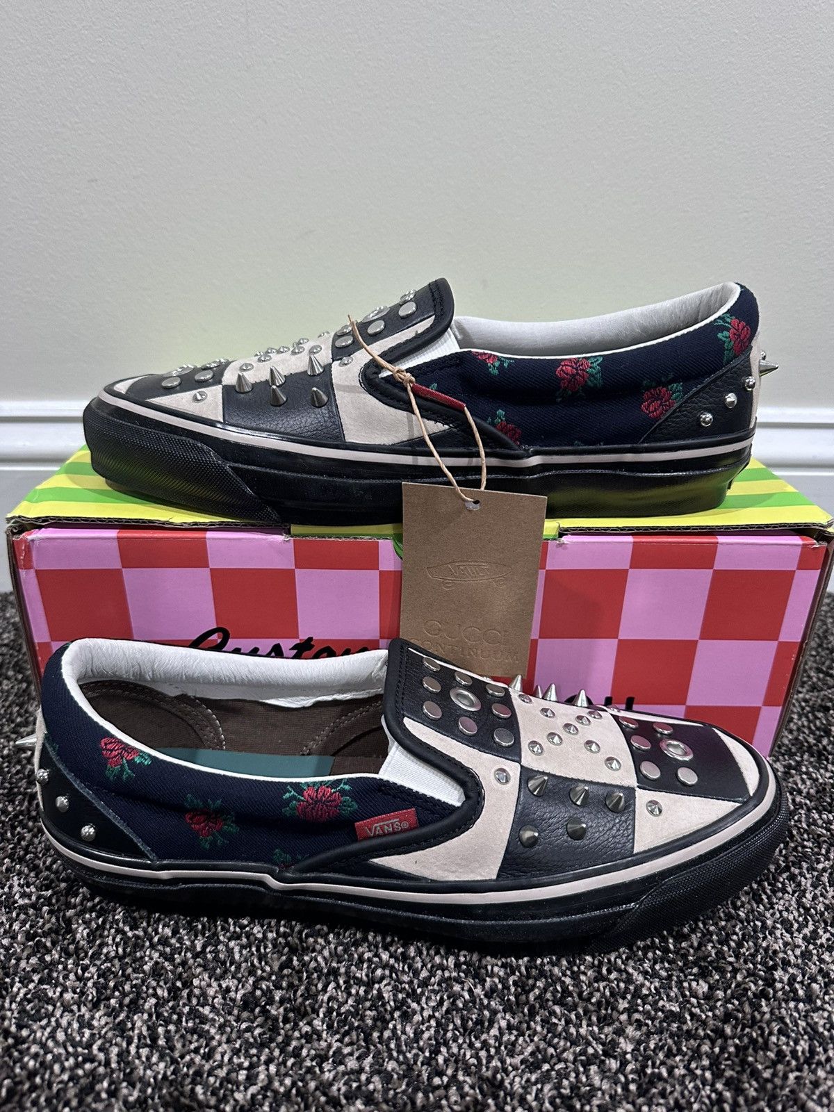 Gucci Gucci x Vans Black Checkered Leather Suede Studded Slip Ons Size US 9 / EU 42 - 1 Thumbnail
