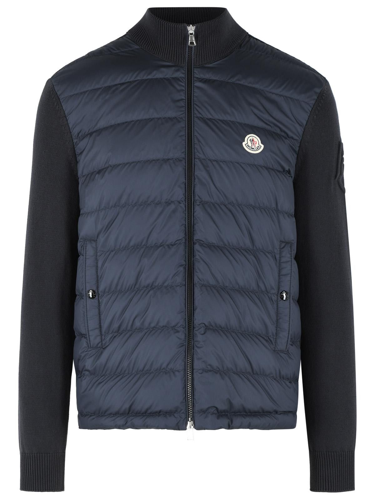 MONCLER Padded Virgin Wool Cardigan With Zip Navy Blue