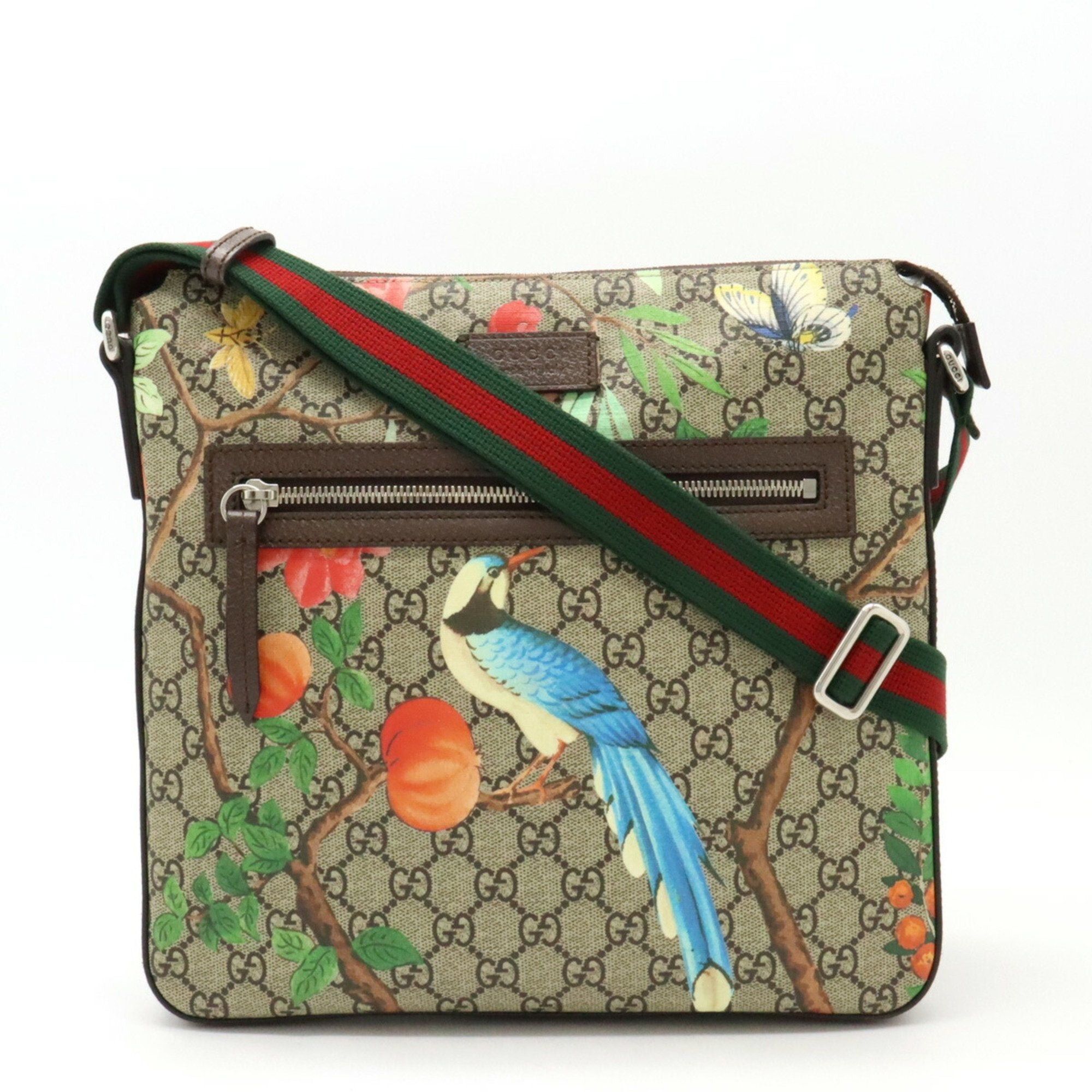 image of Gucci Tian GG Supreme Sherry Line Shoulder Bag Bird Flower Pvc Khaki Beige Multicolor 406408 in Tan