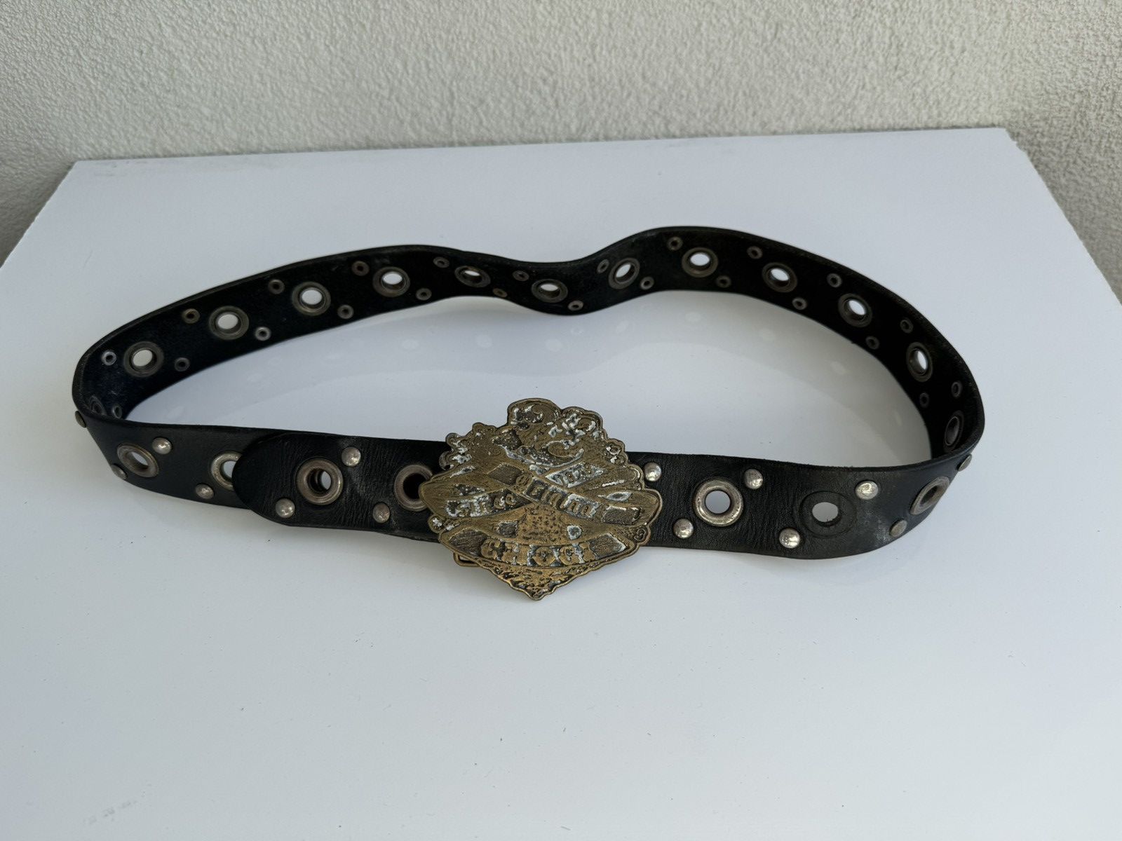 Vintage Vintage Biker Leather Belt Eagle Buckle Studded Black Size ONE SIZE - 6 Thumbnail