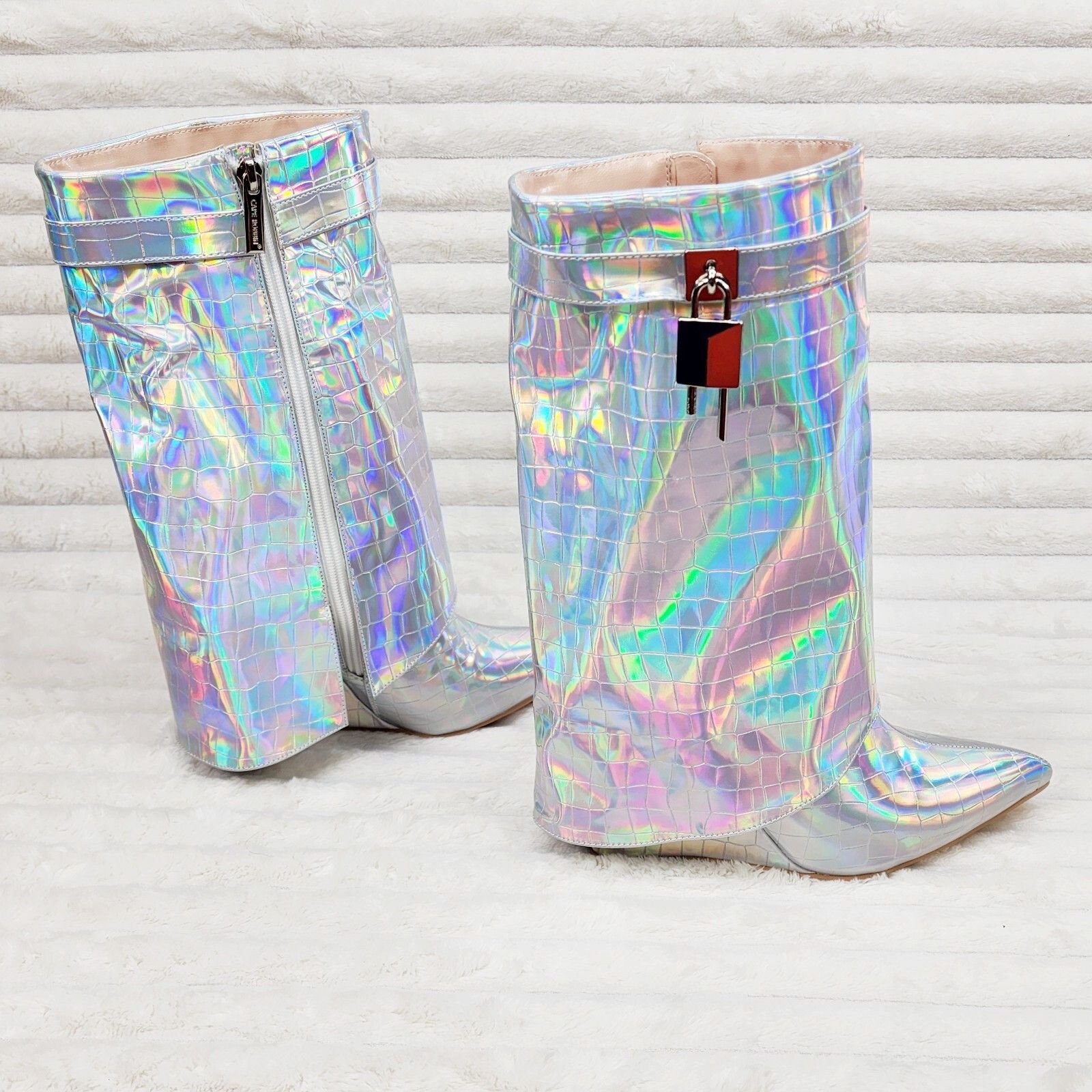 Other Vision Royal Silver Hologram Wedge Heel Fold Over Skirted An Size US 6.5 / IT 36.5 - 2 Thumbnail