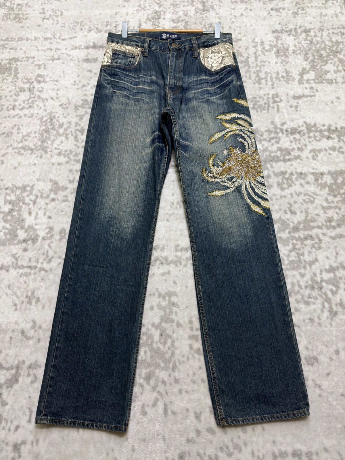 Karakuri Tamashii Bouten Shoten Phoenix Embroidered Straight Fit Denim Jeans Size US 31 - 1 Thumbnail