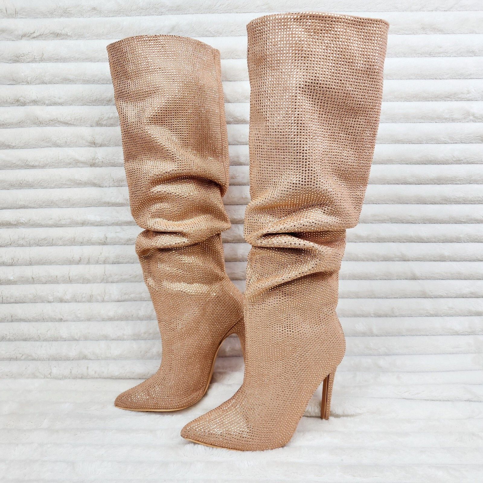 Radiant Nude Beige Rhinestone High Heel Stiletto Slouch Knee