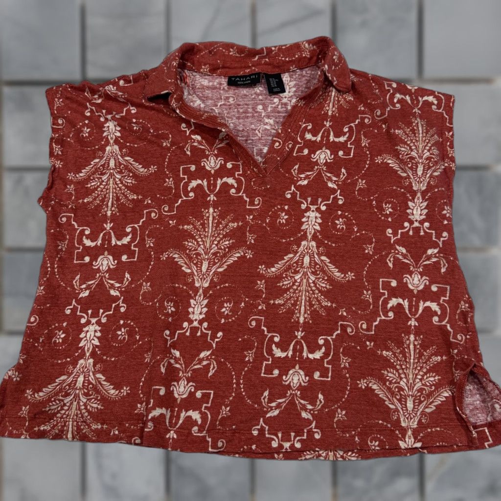 Vintage Tahari Blouse XL Orange 100% Linen Sleeveless Collared Floral Lightweight Casual Travel Women's XL Orange Linen Blouse Tahari Size XL / US 12-14 / IT 48-50 - 1 Thumbnail