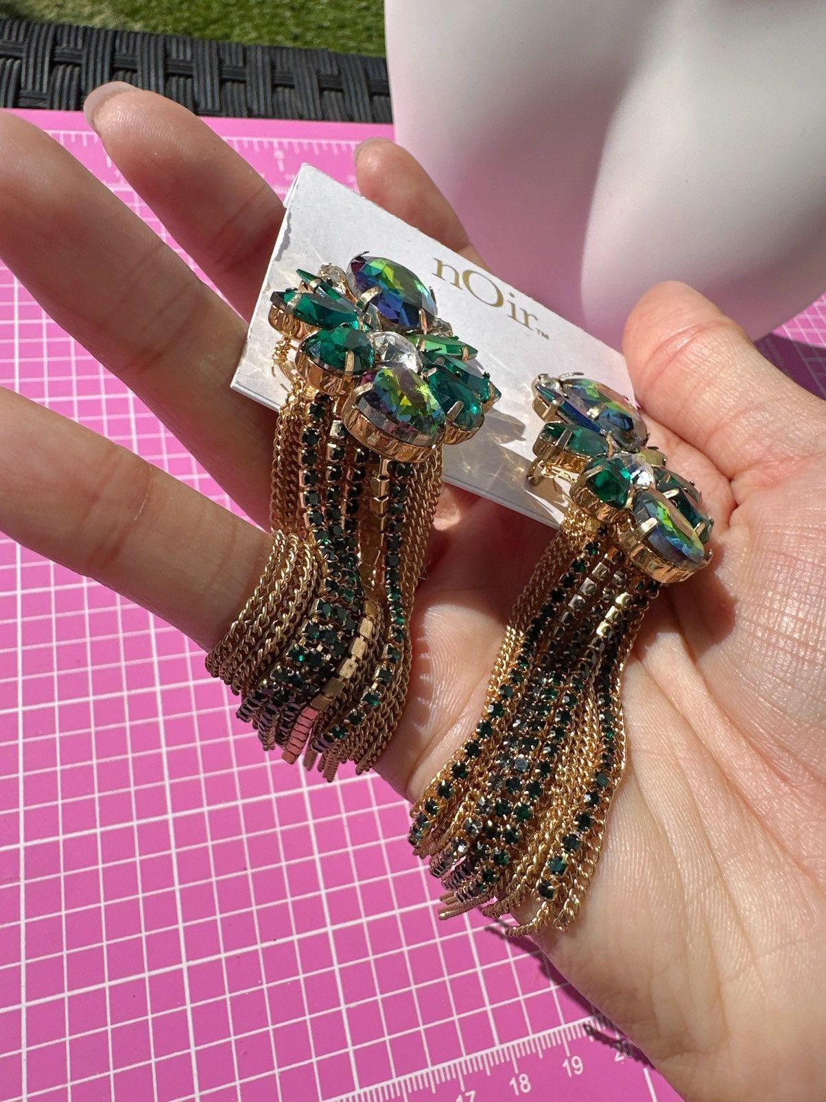 Designer Noir earrings green crystals multi color reflective diamonds Size ONE SIZE - 3 Thumbnail