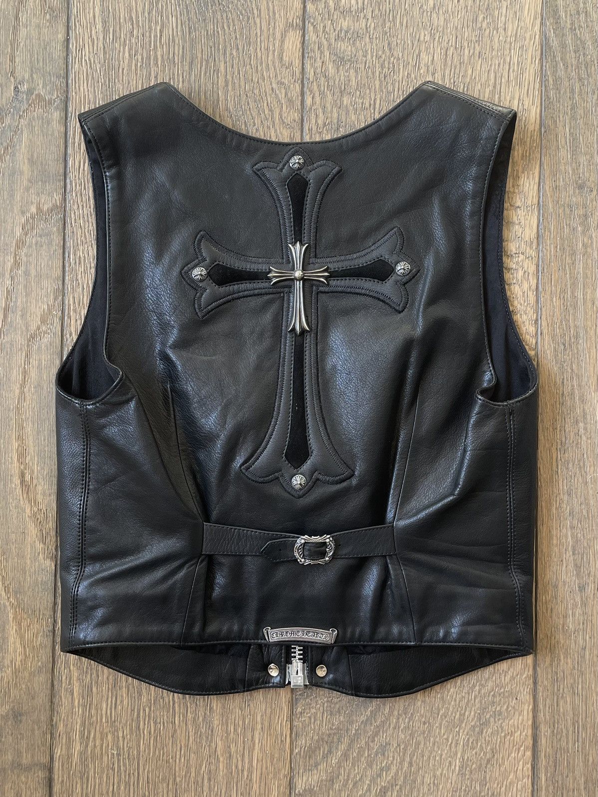 image of Chrome Hearts Vintage Cross Leather Vest in Black, Women's (Size Small)