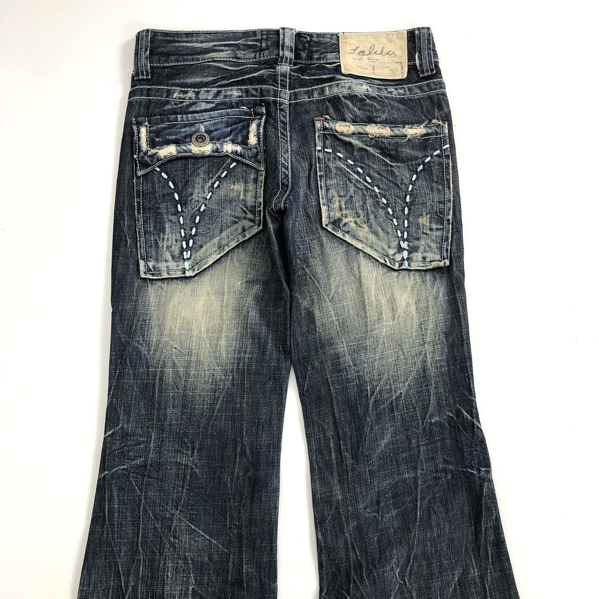 If Six Was Nine × Le Grande Bleu (L.G.B.) × Vintage Vintage Lolita Exotic Flared Jeans Distressed Faded Denim Size US 27 - 18 Thumbnail