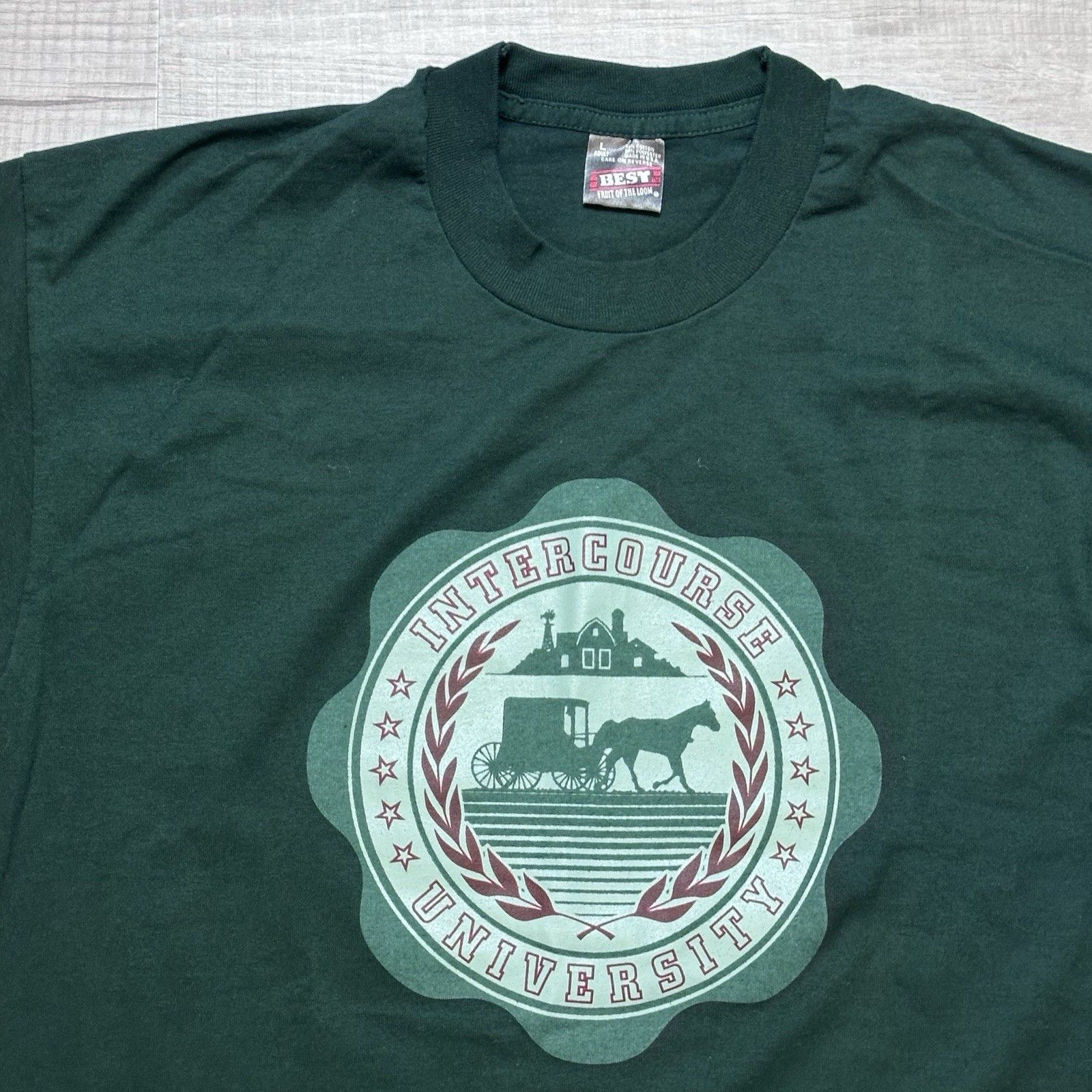 Fruit Of The Loom Vtg Intercourse University Single Stitch Tee Large Green Size US L / EU 52-54 / 3 - 5 Thumbnail