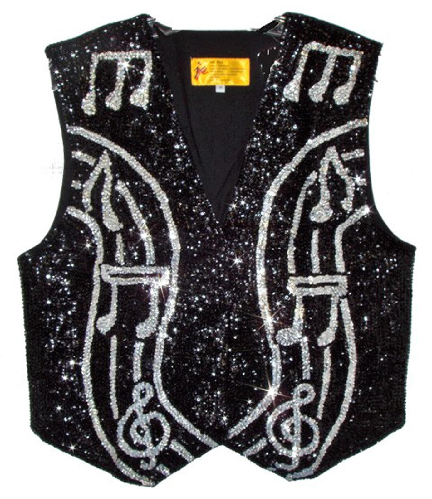 Designer Sequin Vest BLACK with SILVER Music Notes on Bar Size ONE SIZE - 1 Preview