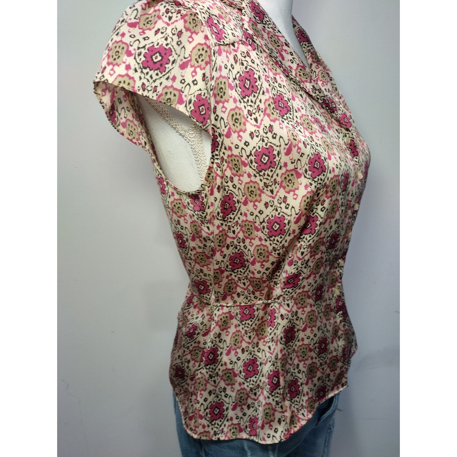 Ann Taylor Ann Taylor Loft Women Button Down Top Cap Sleeve Floral Pink Size S / US 4 / IT 40 - 7 Thumbnail