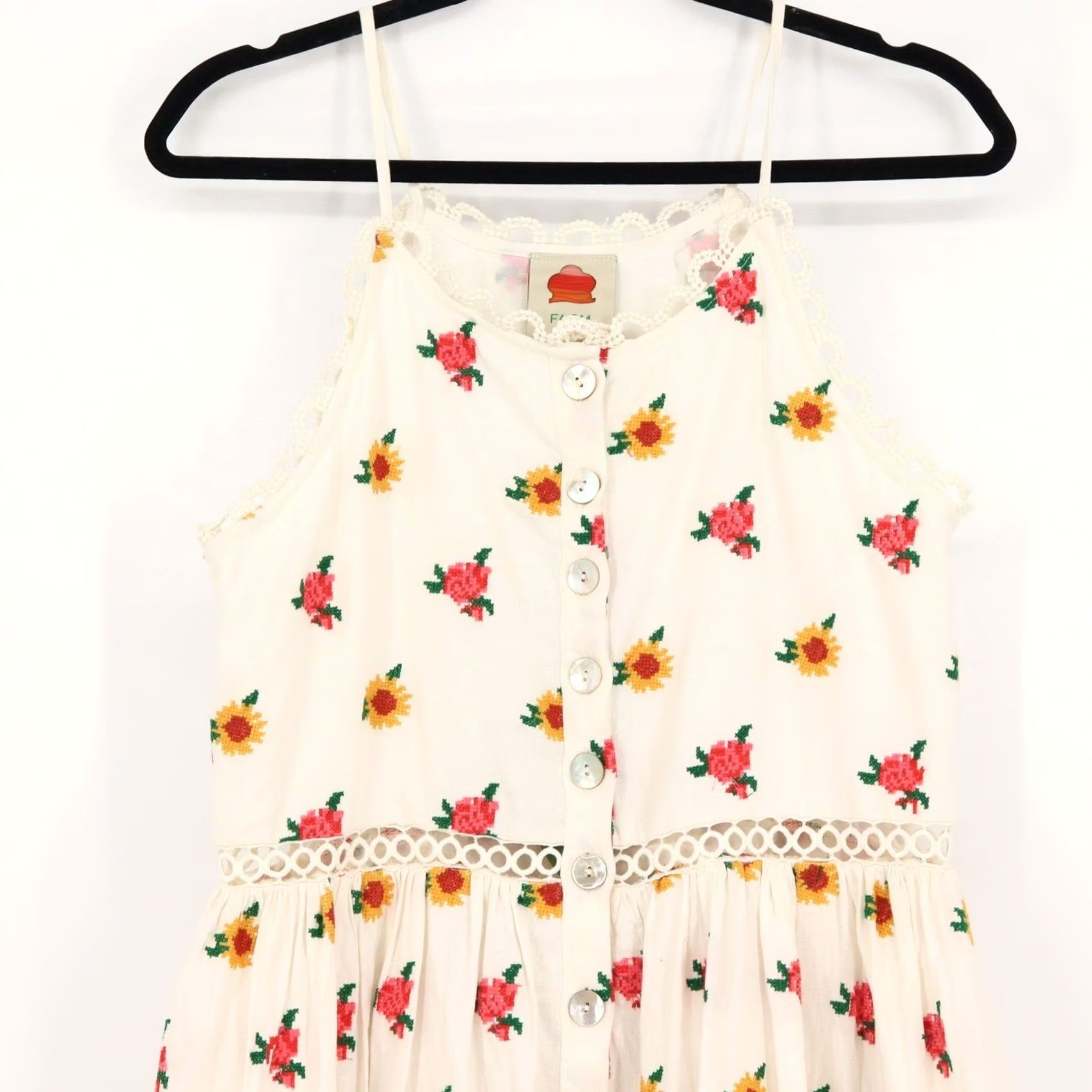 Farm Rio Farm Rio Dress Midi Dress Floral Embroidered Linen Blend XS White Sleeveless Button Front Sundress Womens Size XS / US 0-2 / IT 36-38 - 4 Thumbnail
