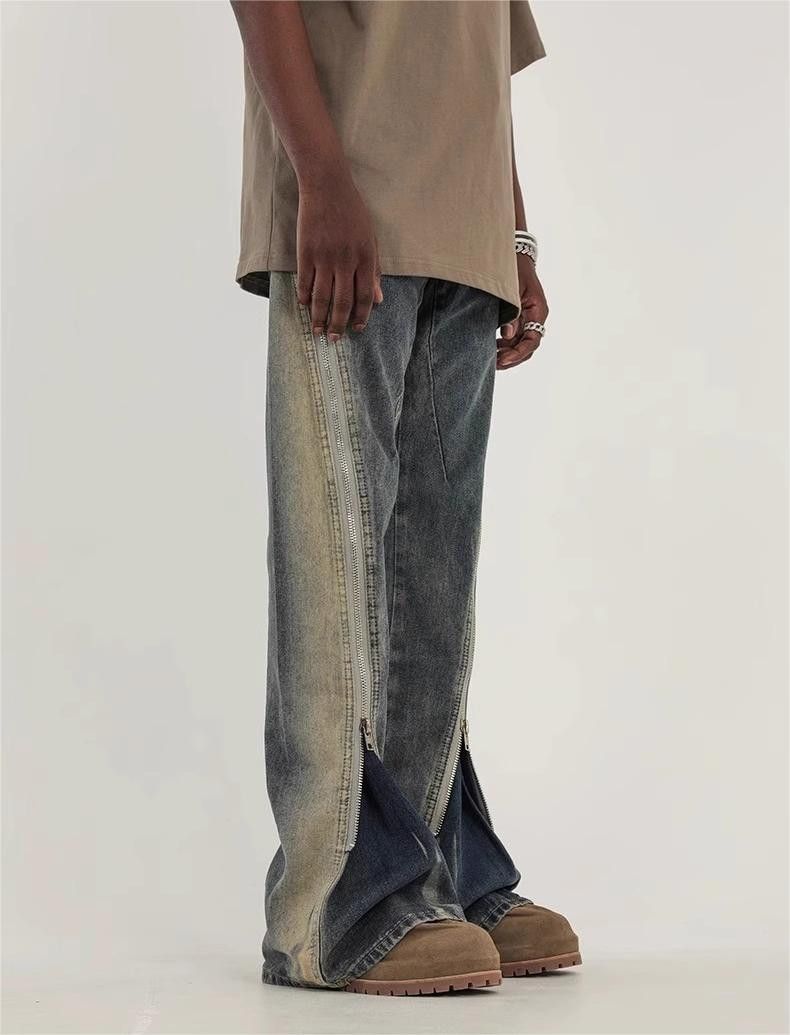 image of Spliced Zipper Washed Speaker Jeans in Blue, Men's (Size 32)