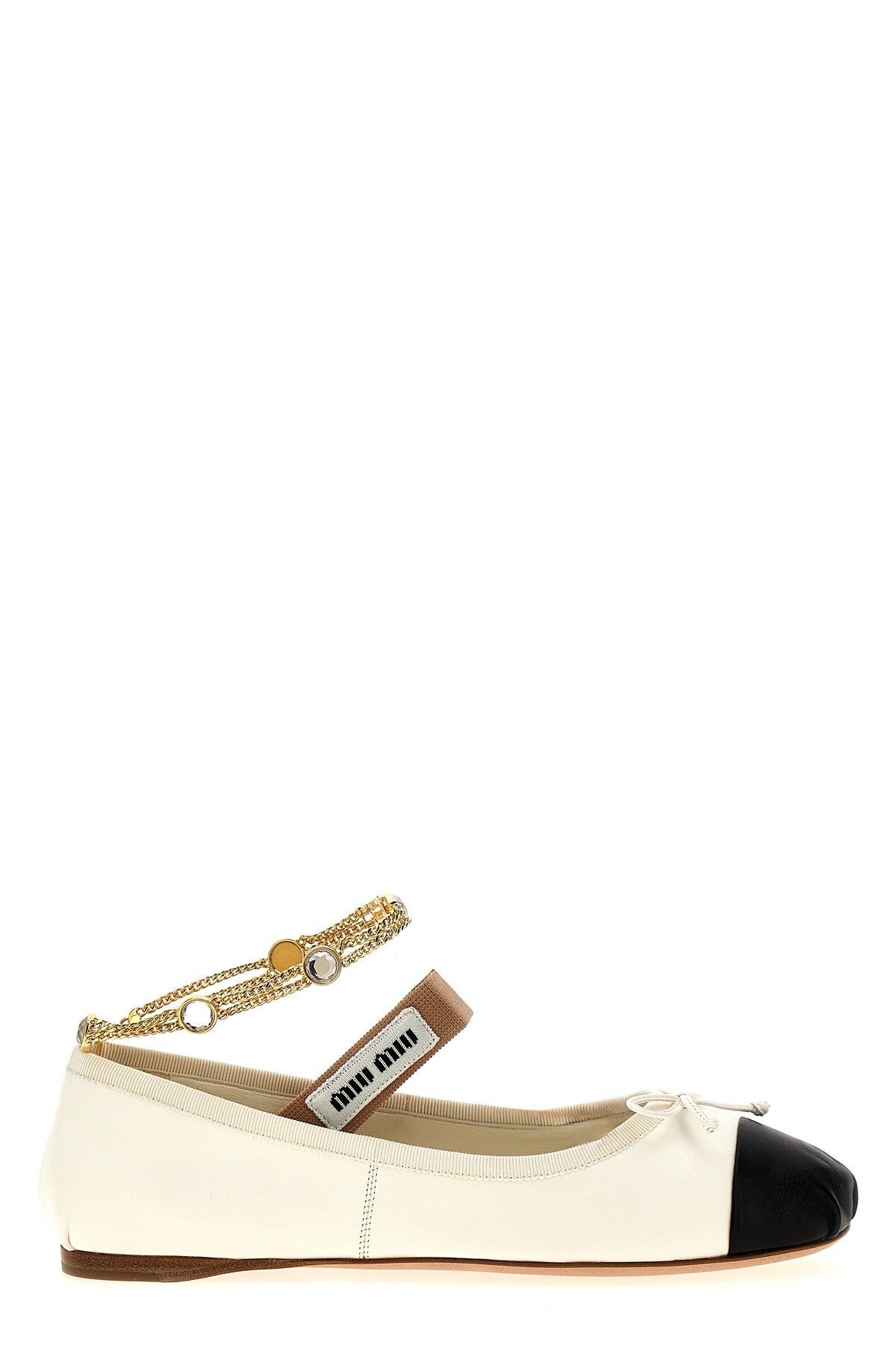 image of Miu Miu Two-Tone Jewel Strap Ballet Flats in White/Black, Women's (Size 7)