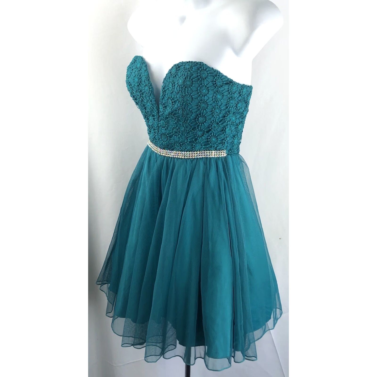 Vintage VINTAGE Strapless Corset Dress Teal Tiered Flare Beads Belt Fairy Y2K Pixie 1 Size XS / US 0-2 / IT 36-38 - 3 Thumbnail
