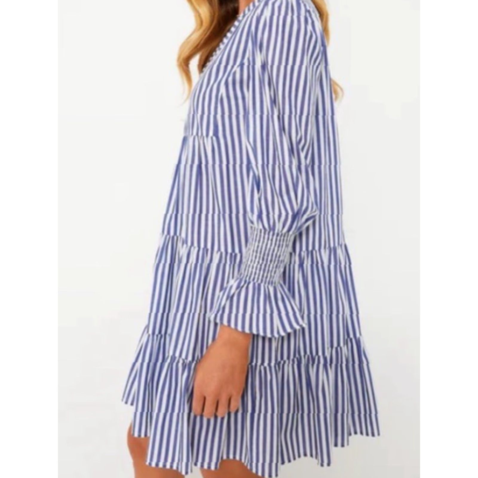 Vintage Pomander Place Plus Size Mini Dress Blue White Stripe Cotton A-Line Long Sleeve V-Neck Womens 2XL Size XXL / US 16-18 / IT 52-54 - 7 Thumbnail