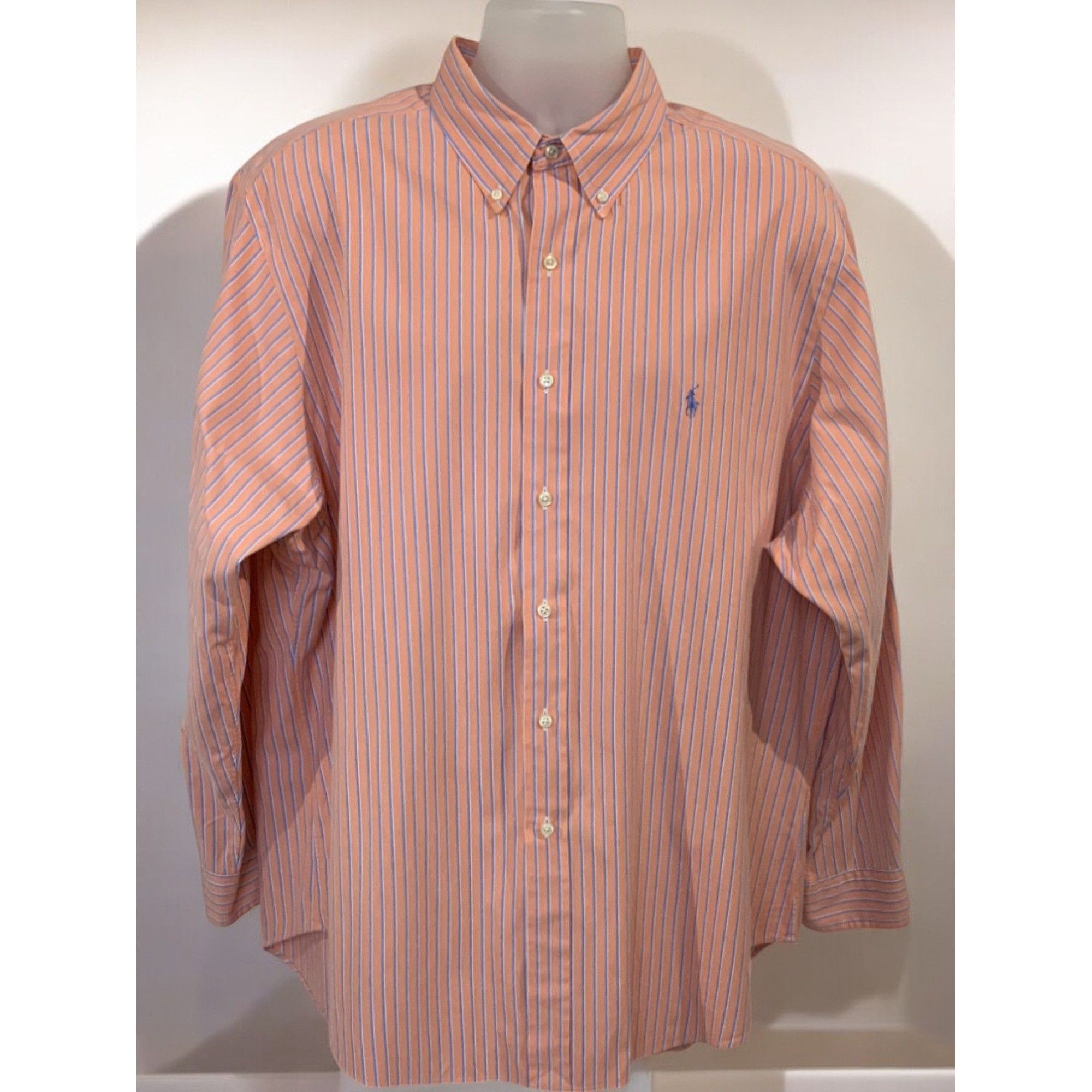 Polo Ralph Lauren Ralph Lauren Mens Classic Fit Coral Blue Striped Shirt XL Size US XL / EU 56 / 4 - 2 Thumbnail