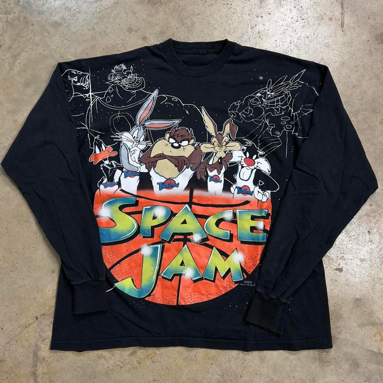 image of Vintage 1996 Space Jam Movie Promo Aop Long Sleeve Shirt in Black, Men's (Size XL)