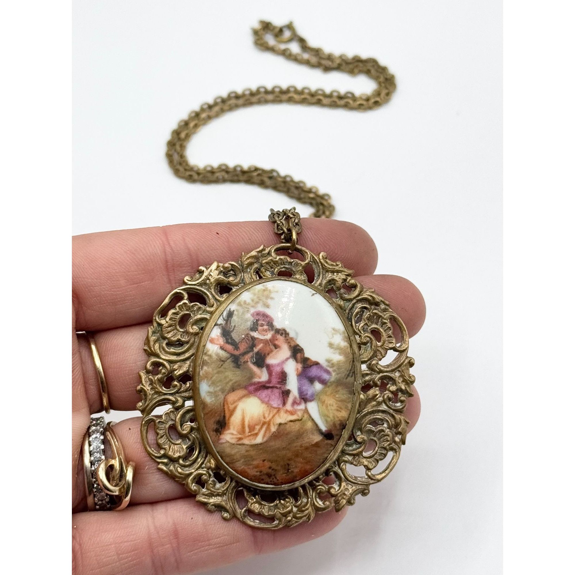 Antique old Victorian Courting Couple bezel set porcelain br