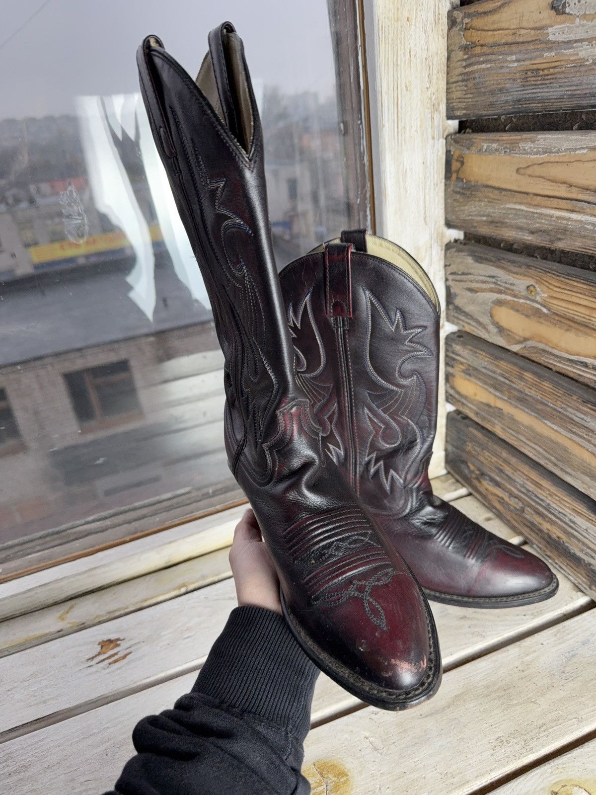 Vintage Retro Vintage Western Cowboy Leather Boots Burgundy Black Size US 8 / EU 41 - 11 Thumbnail