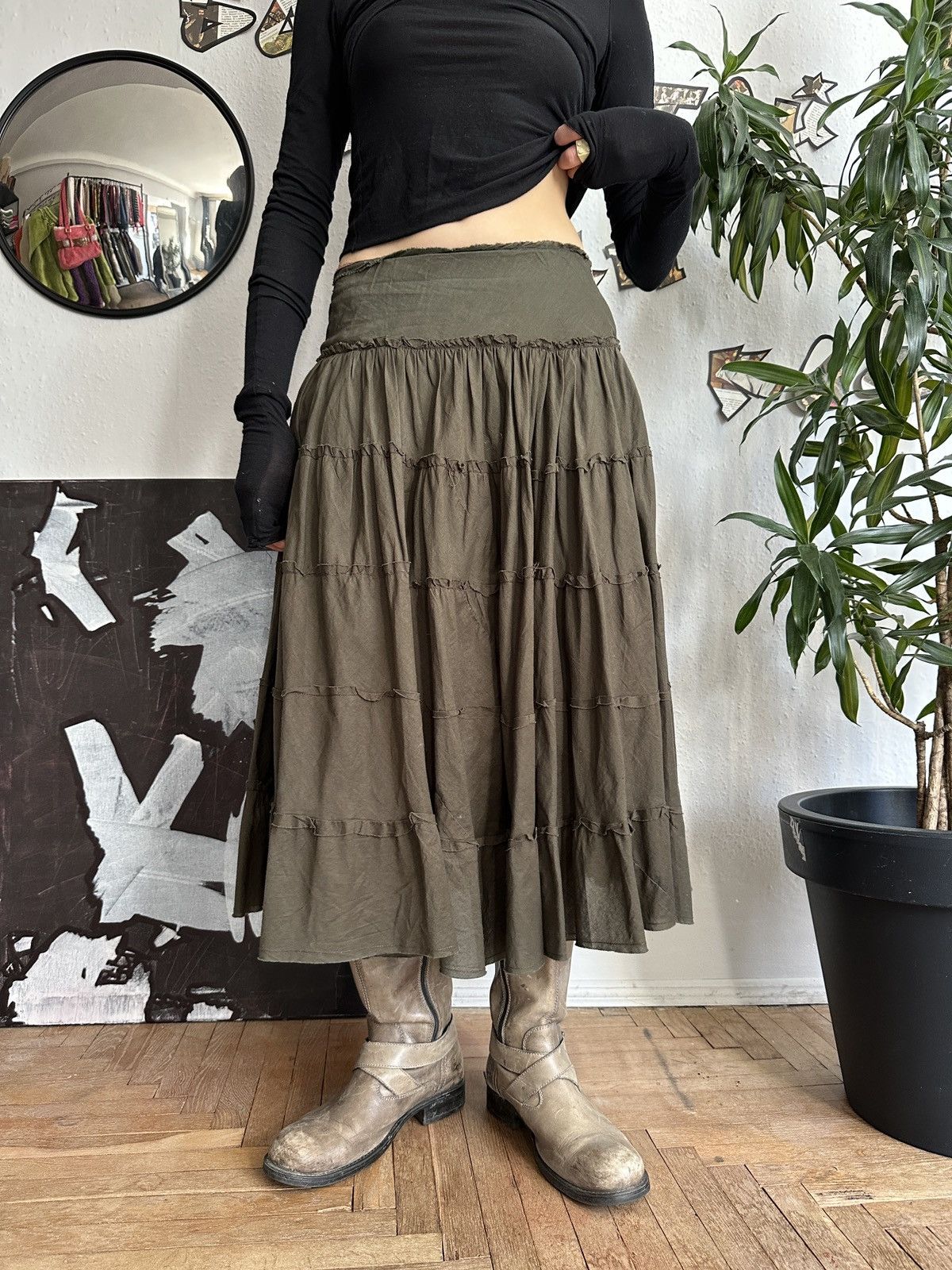 Seditionaries Vintage Boho Fairy Goblin Core Ruffle Khaki Skirt 00s Size 27" / US 4 / IT 40 - 6 Thumbnail