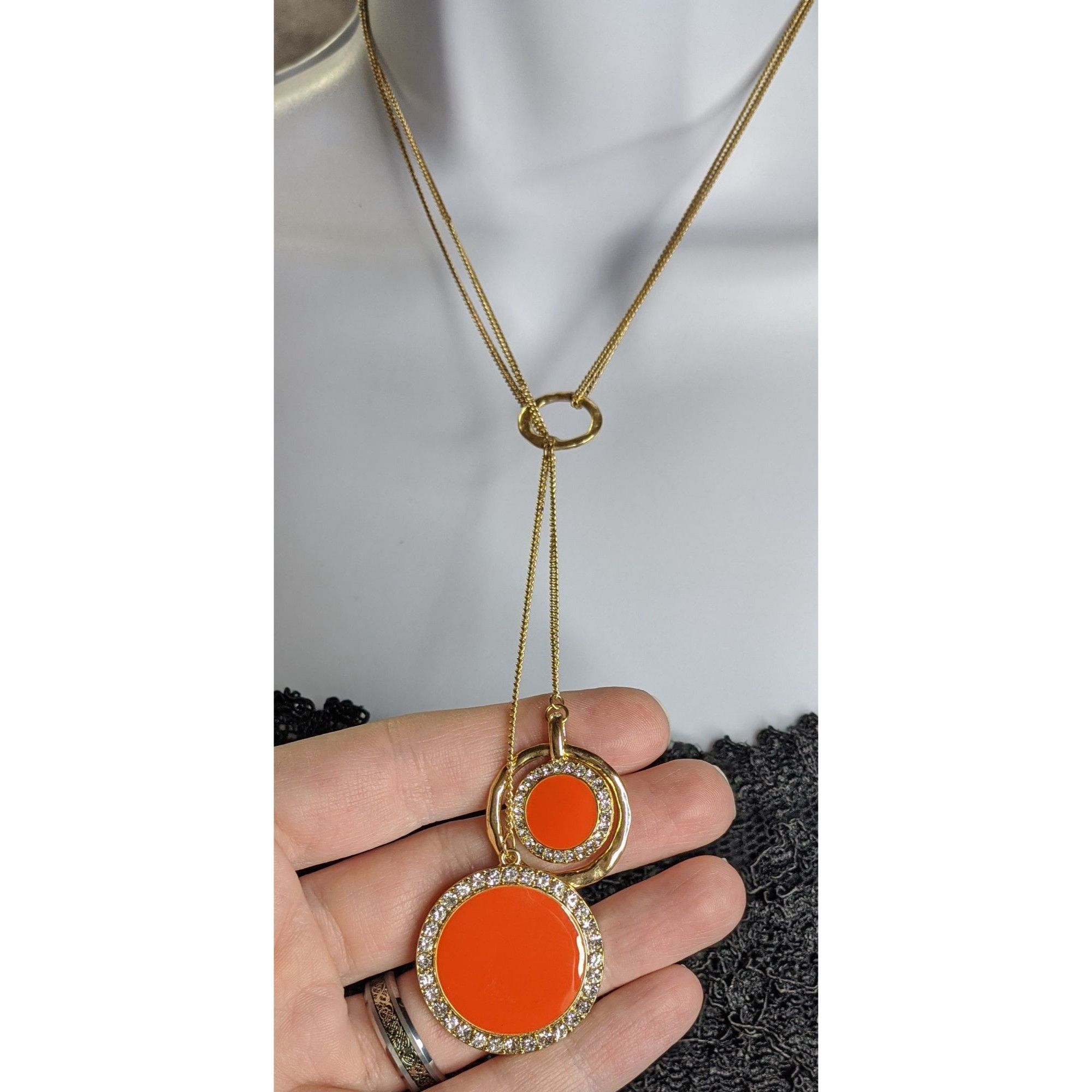 Other Retro Gold-Tone Pendant Necklace With Double Orange Enamel D Size ONE SIZE - 3 Thumbnail