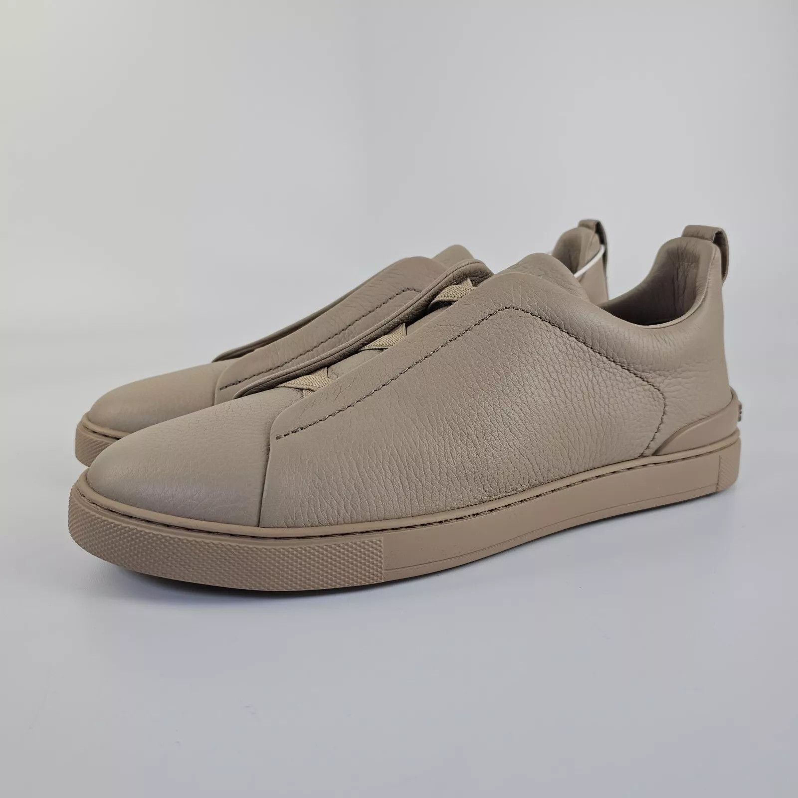 Zegna Triple Stitch Off White Leather Low Top Sneakers New