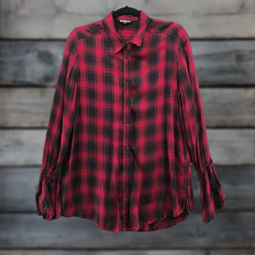 Express VINTAGE Express Buffalo Plaid Flannel Shirt Womens Medium Red Black Rayon Long Sleeve Button Up Bohemian Size M / US 6-8 / IT 42-44 - 1 Thumbnail
