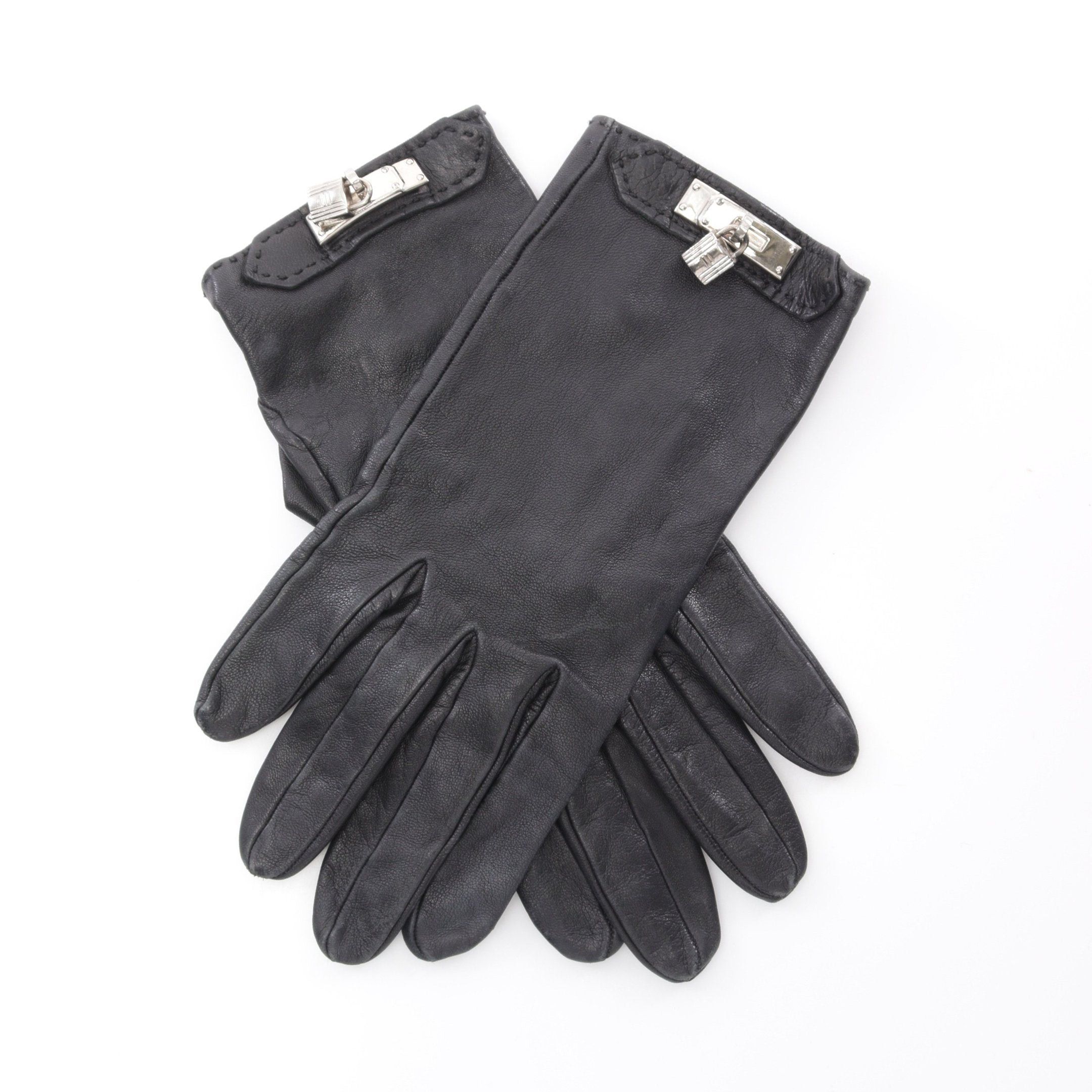 Hermes Hermes Soya Kelly Gloves Glove Lamb Leather Black Silver Hardware Size ONE SIZE - 1 Thumbnail