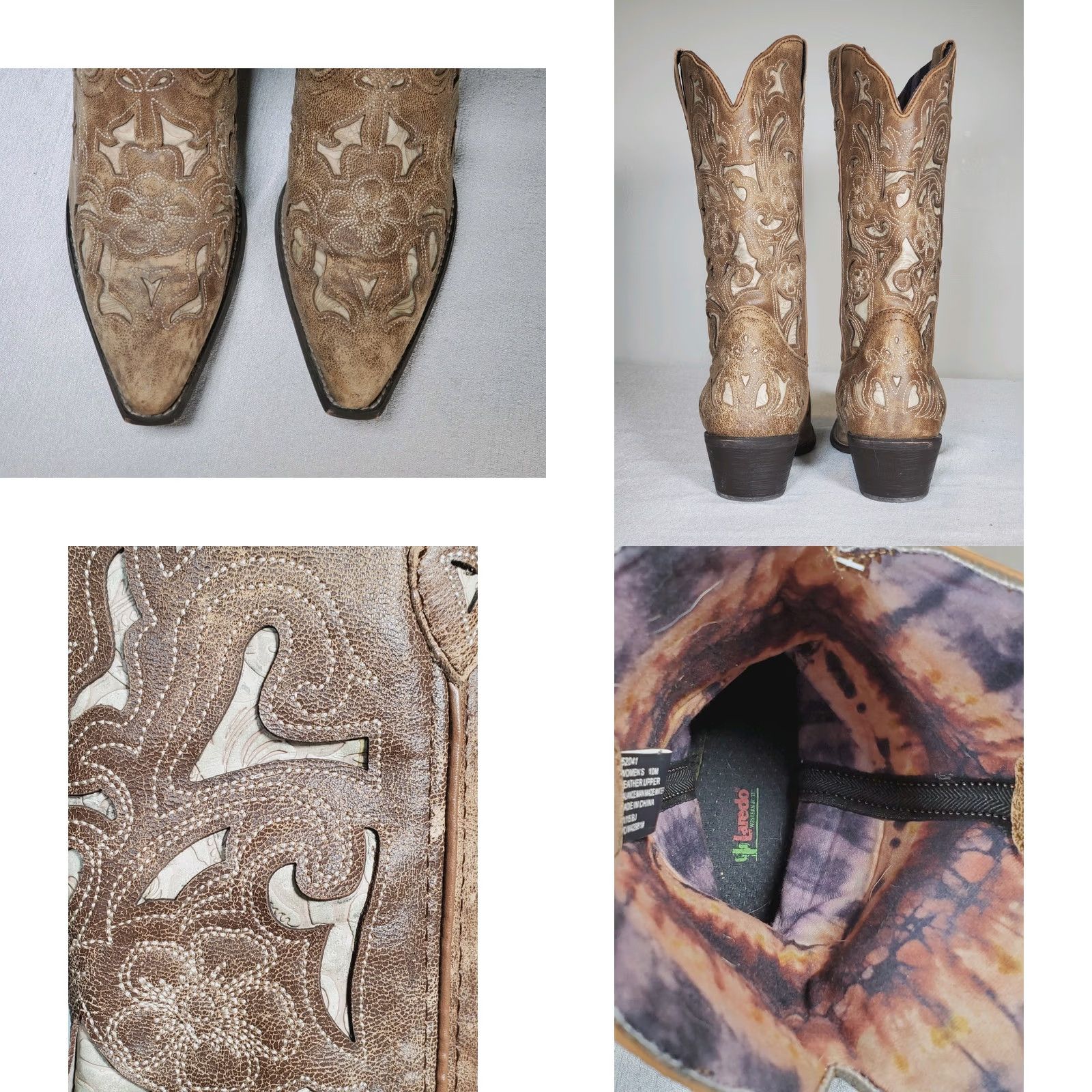 Vintage Laredo Sharona Tan Crackle Sanded Goat Boots Bone Underlay Floral Embroidery 52041 Women's US 10 M Size US 10 / IT 40 - 8 Thumbnail