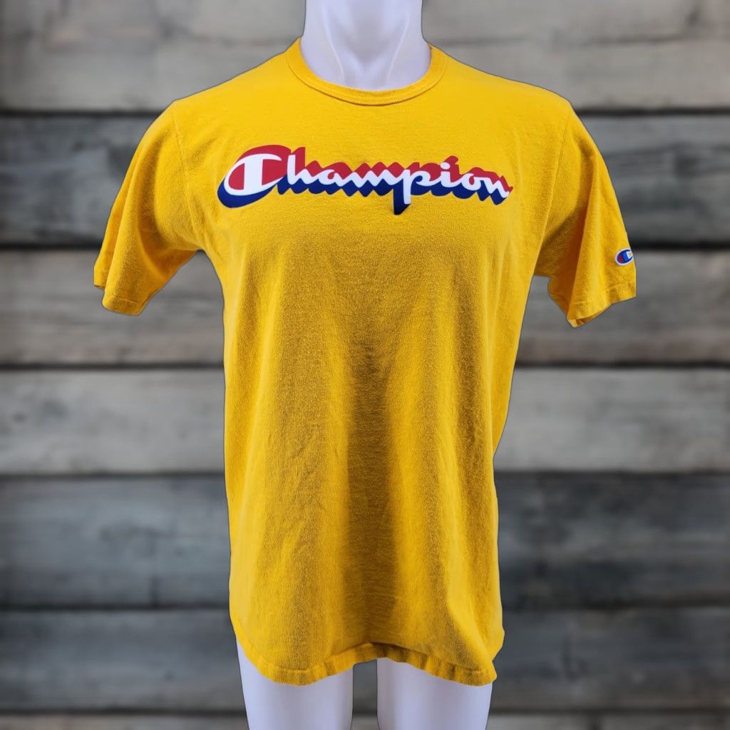 Champion VINTAGE Champion Shirt Mens L Yellow Spell Out Felt Script Blue Tag 90s Shirt Men 90s Size US L / EU 52-54 / 3 - 1 Thumbnail