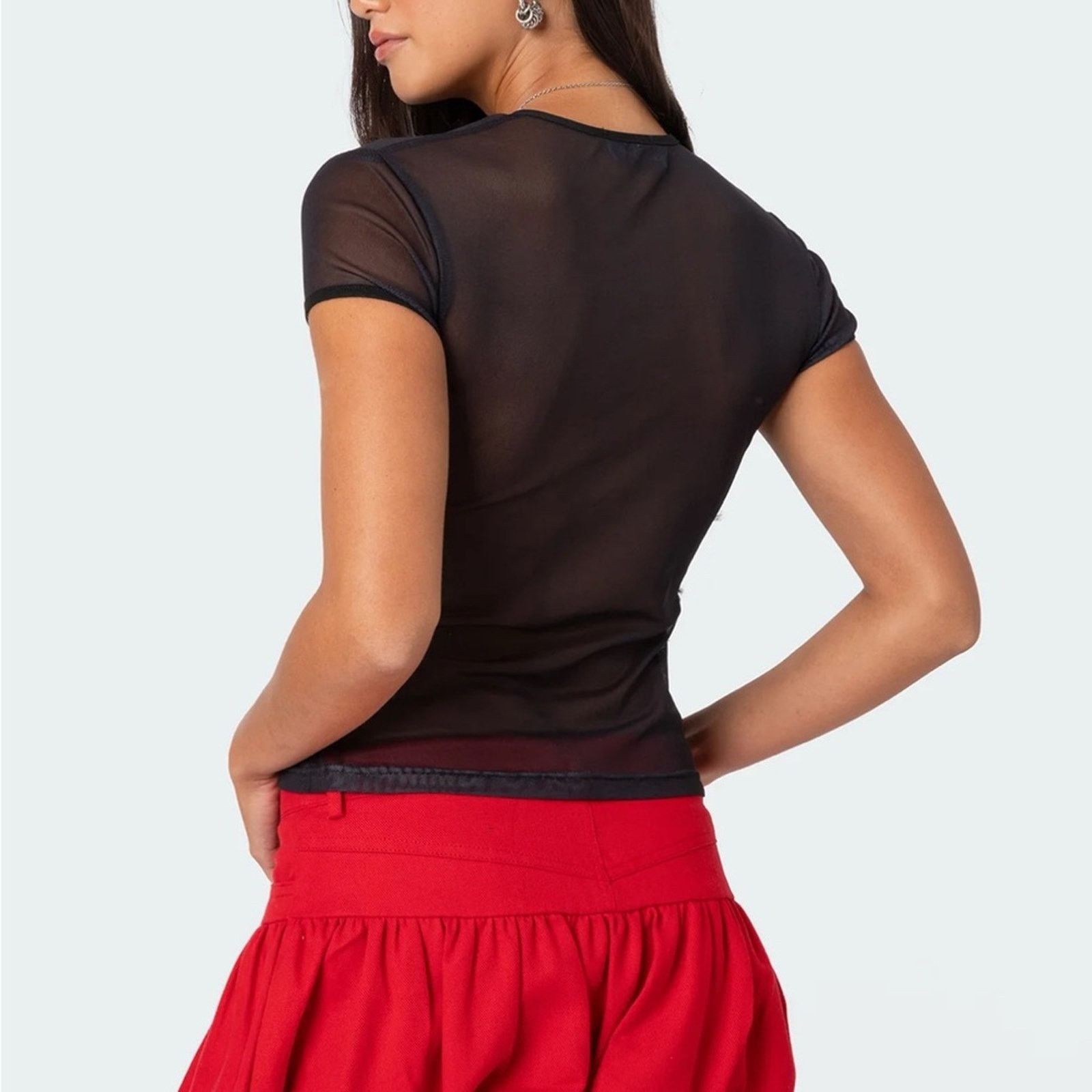 & Other Stories Edikted Black Sheer Top with Red Floral Accent Size S Size S / US 4 / IT 40 - 5 Thumbnail