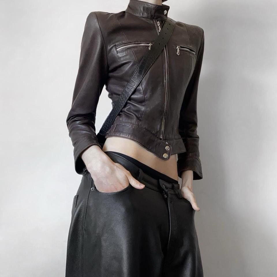 image of Avant Garde x Vintage Avant - Garde Style Leather Biker Jacket in Brown, Women's (Size Small)