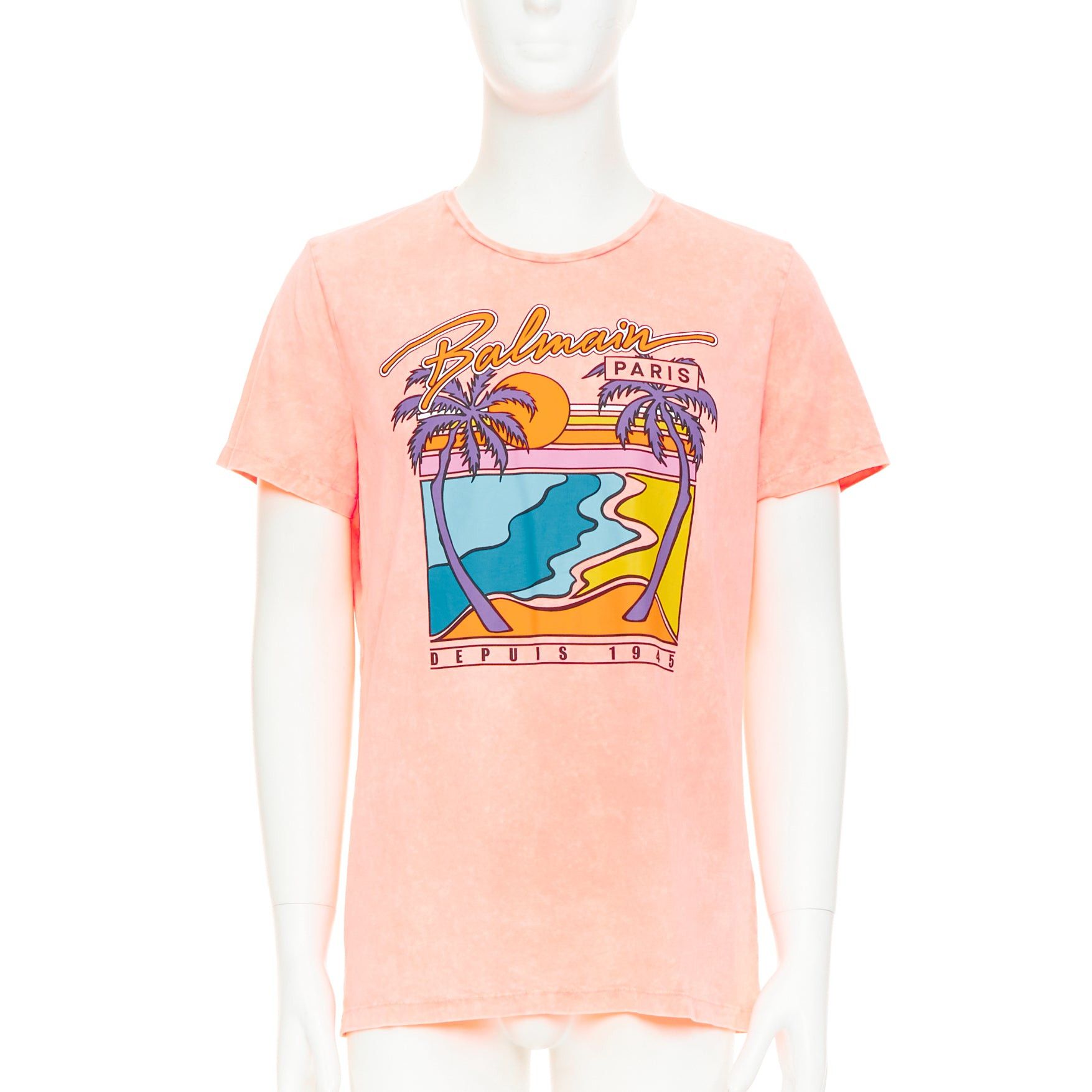 Balmain BALMAIN pink washed cotton jersey retro beach sunset graphic logo t-shirt L Size US L / EU 52-54 / 3 - 1 Thumbnail