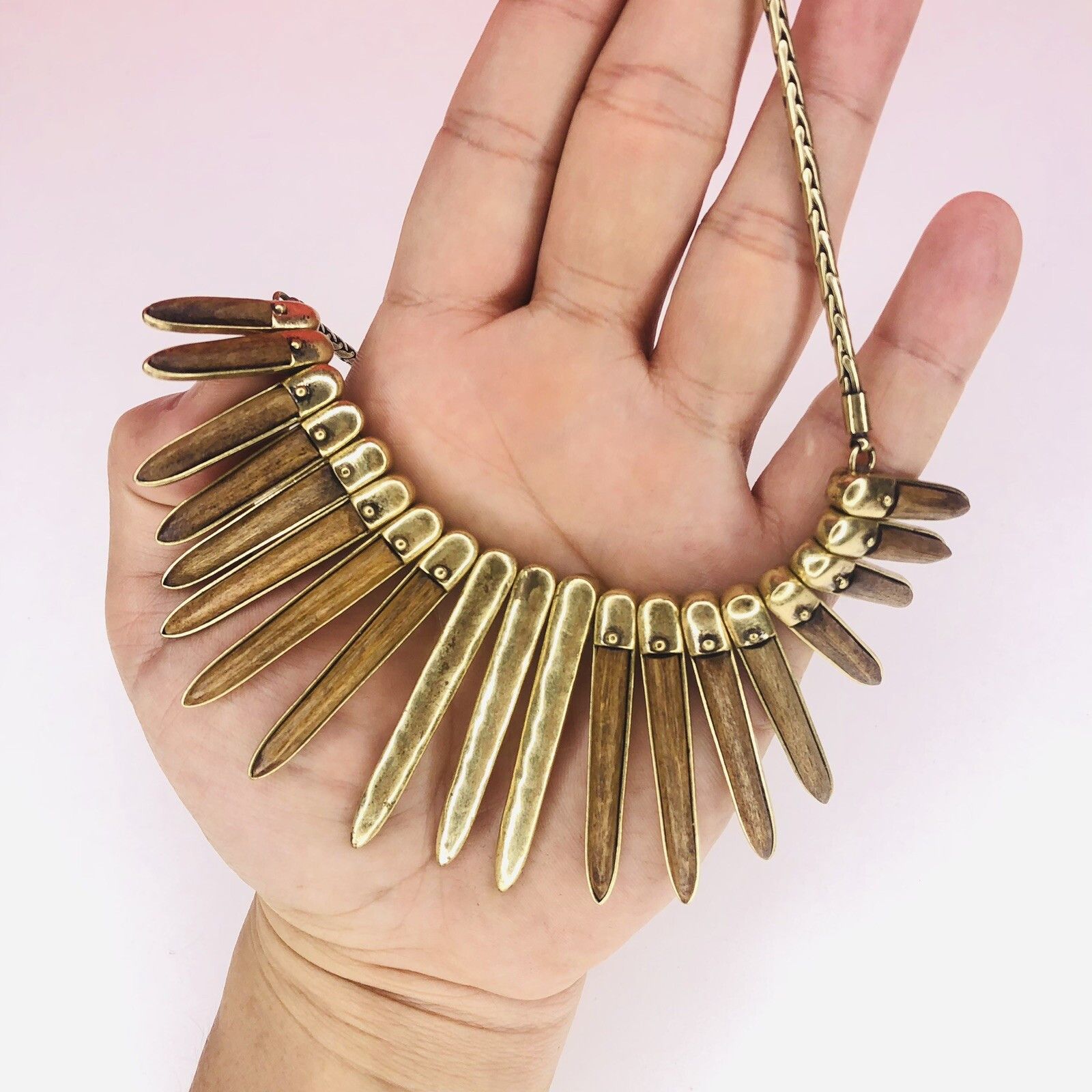 Lucky Brand LUCKY BRAND Hammered Brass & Wood Collar Necklace 18" Boho Size ONE SIZE - 2 Thumbnail
