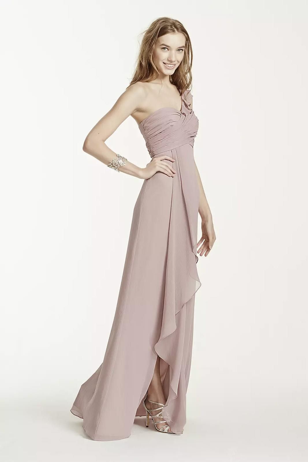 Designer David's Bridal One Shoulder Chiffon Dress/Cascading - NWOT Size XS / US 0-2 / IT 36-38 - 2 Thumbnail