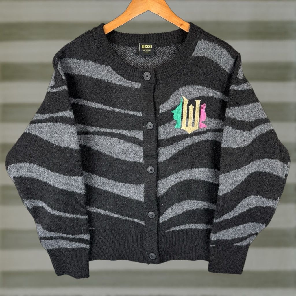 Vintage Wicked Sweater Cardigan Women L Black Gray Zebra Stripe Crew Neck Button Logo Long Sleeve Knit Polyester Cardigan Movie Theme Vintage: No Size L / US 10 / IT 46 - 1 Thumbnail