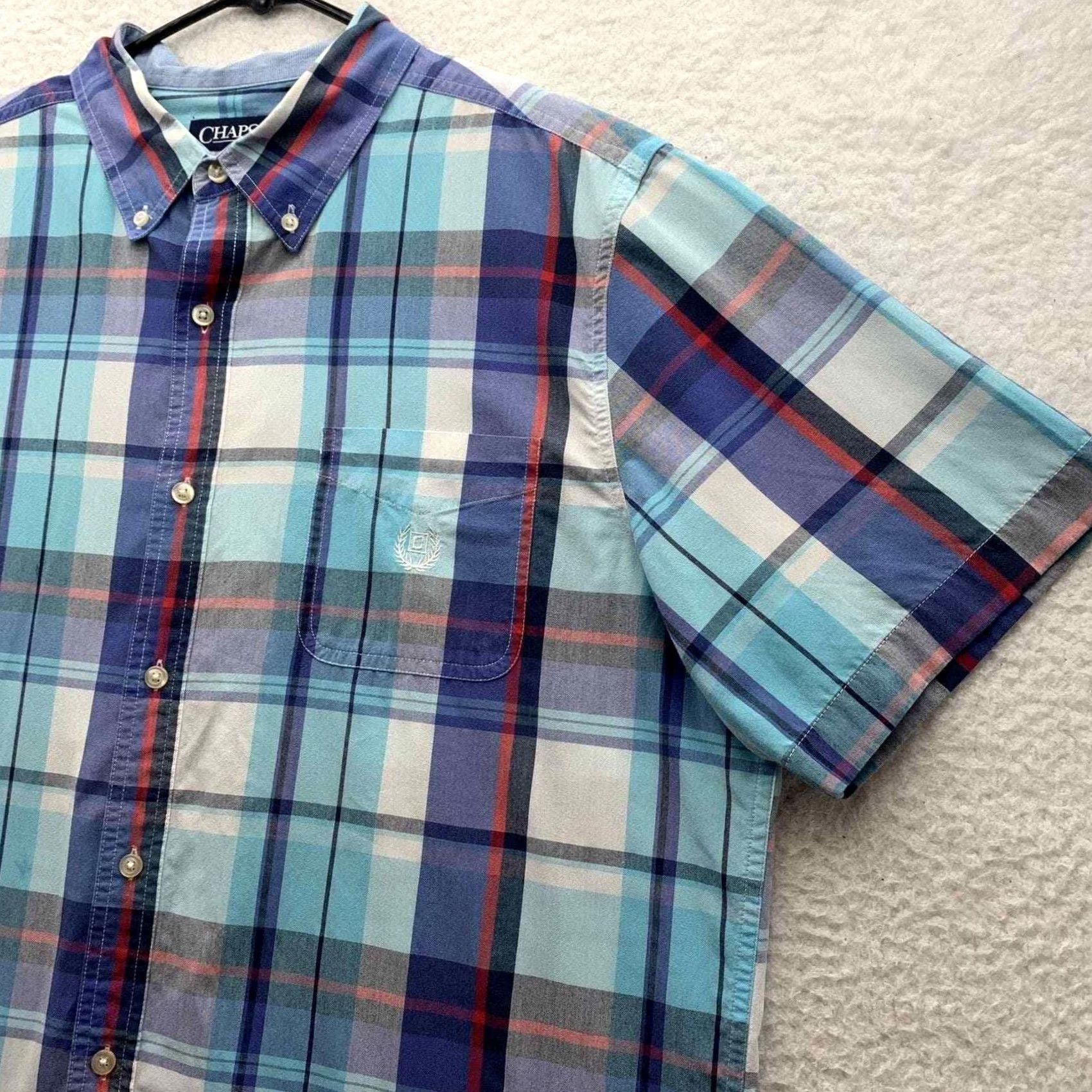 Chaps Keywords: "Chaps," "Shirt," "Easy Care," "Mens," "XL," "Blue," "White Plaid," "Casual," "Comfort," "Dad," "Preppy" - all highly relevant to the item Size US XL / EU 56 / 4 - 4 Thumbnail